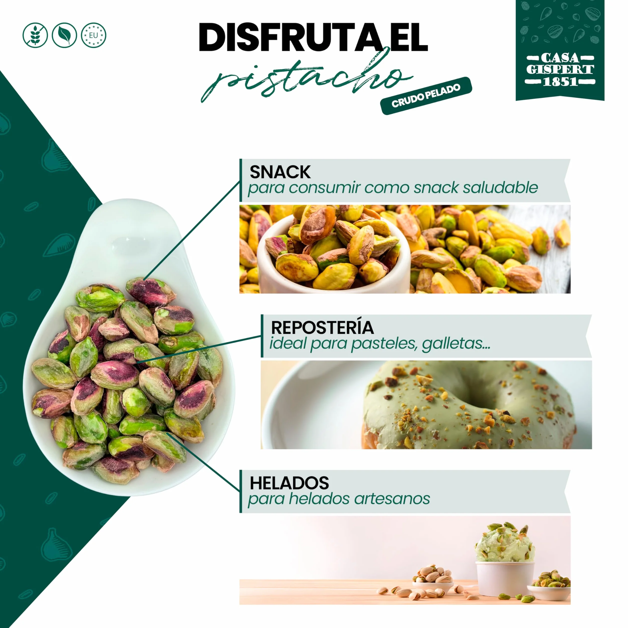 Casa Gispert - Pistacho - Sin Gluten, Vegano (500g, Crudo - Sin Cáscara - País)