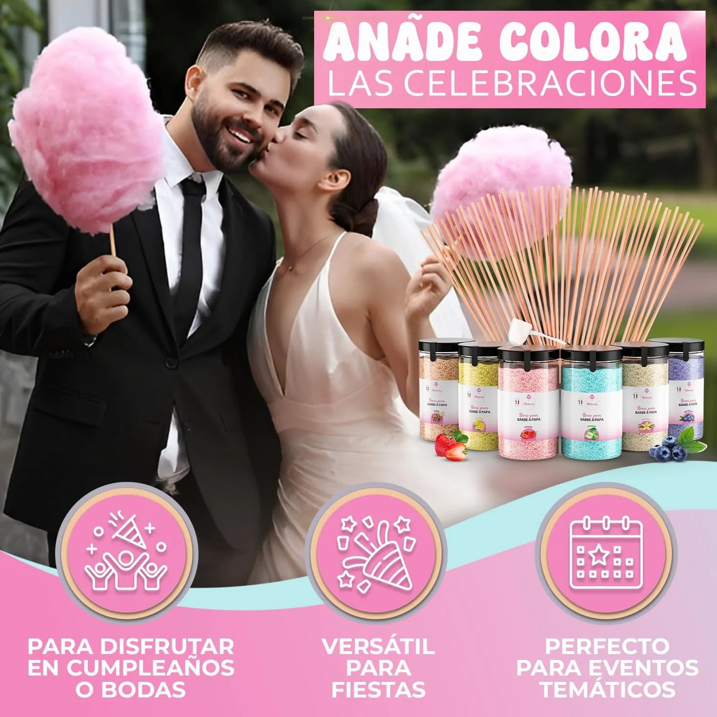 Misskandy® Kit de azúcar de algodón de 6 sabores, 72 porciones - Incluye 50 palitos para máquina de algodón de azúcar - Los sabores incluyen cola, vainilla, fresa, arándano, limón y manzana