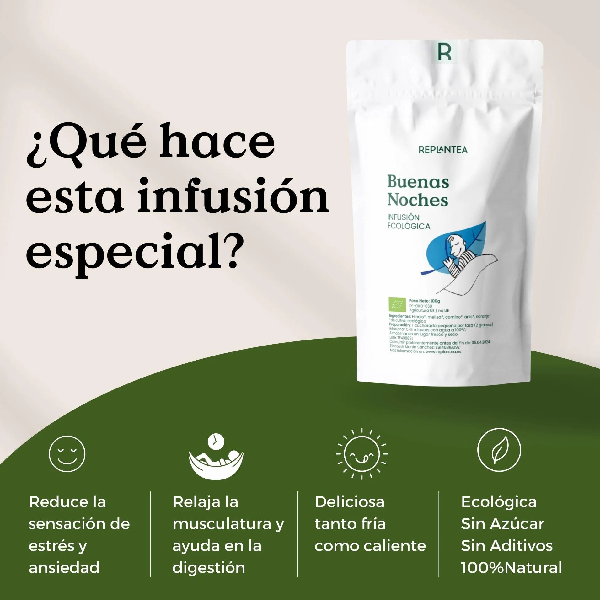 INFUSION PARA DORMIR Buenas Noches 100% Ecológica 100g (50 Tazas) | INFUSION DE MELISA con Hinojo, Anís, Naranja Orgánicos REPLANTEA®