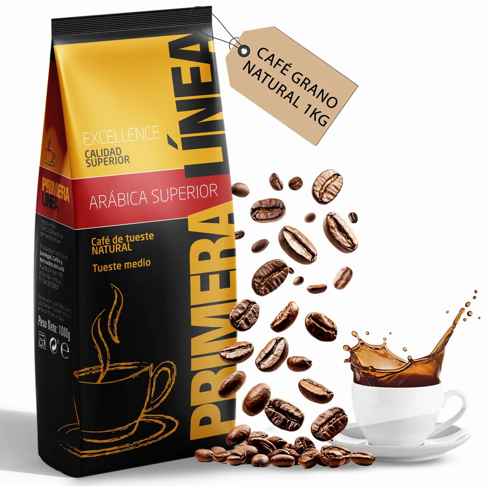 CAFE PRIMERA LÍNEA | Café en Grano Natural Gourmet Exclusivo 1kg | 100% ARABICA | Tueste Medio | Sabor Único y Auténtico| Ideal para Máquinas Espresso | Intensidad Media y Retrogusto Suave