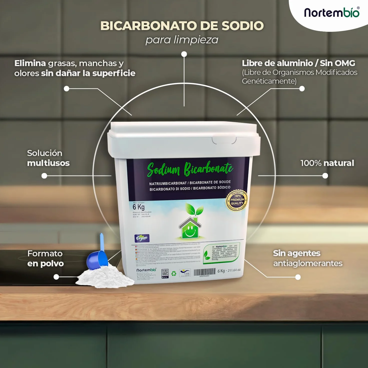 Nortembio Bicarbonato Sódico 2 x 6 kg Limpieza Sin Aluminio 100% Natural Hogar
