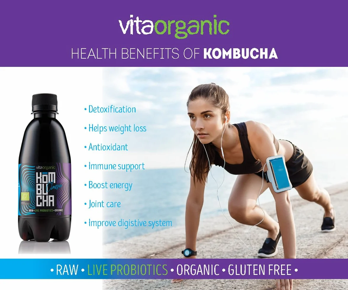 VitaOrganic Té de Kombucha Orgánico 330ml – Té Verde Espumoso con Cultivo de Kombucha Natural Viva – Bebida Fermentada Naturalmente y 100 % Orgánica