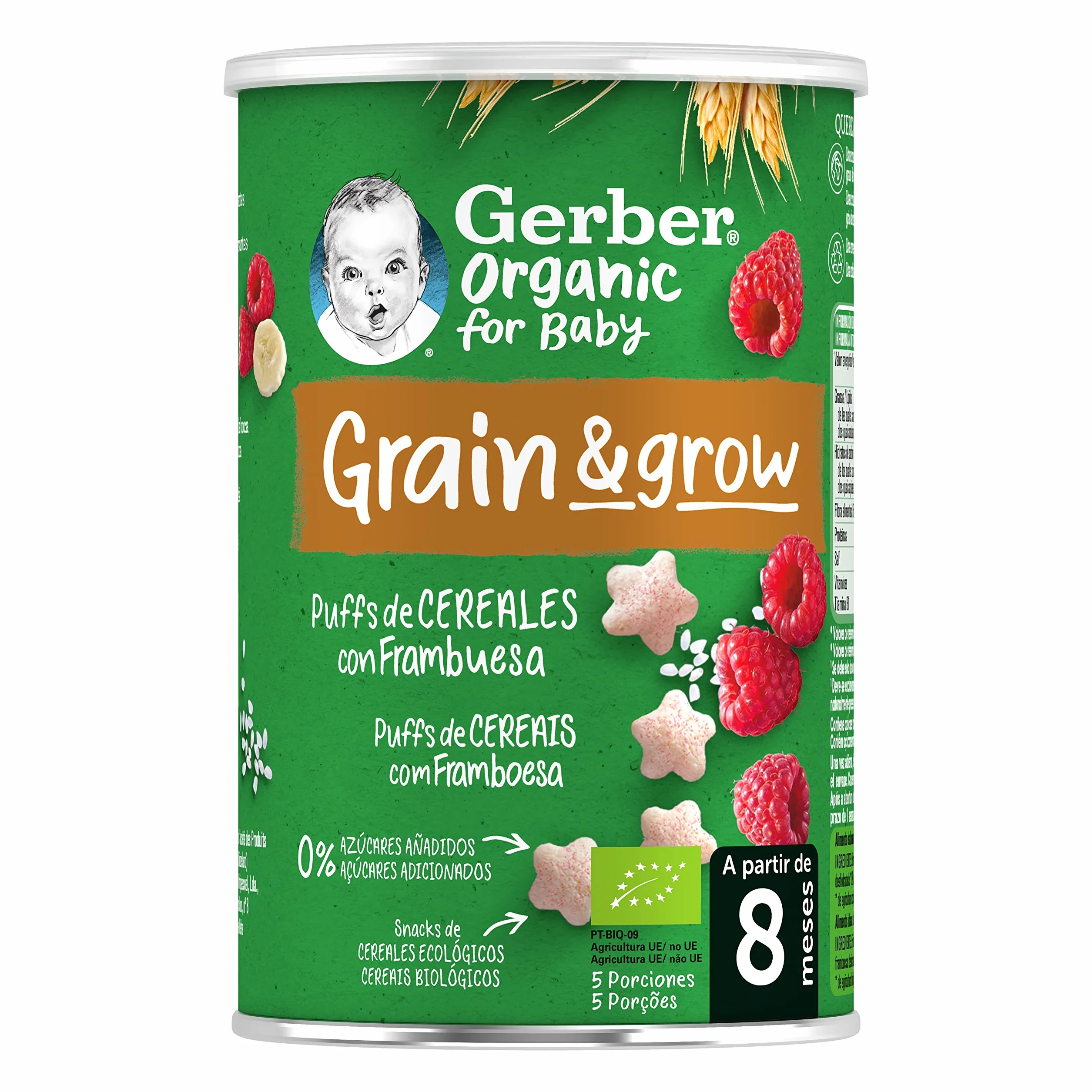 GERBER Organic Puffs Frambuesa y Plátano, Snack de Cereales para Bebés, Latitas 5x35g, a partir de 8 meses