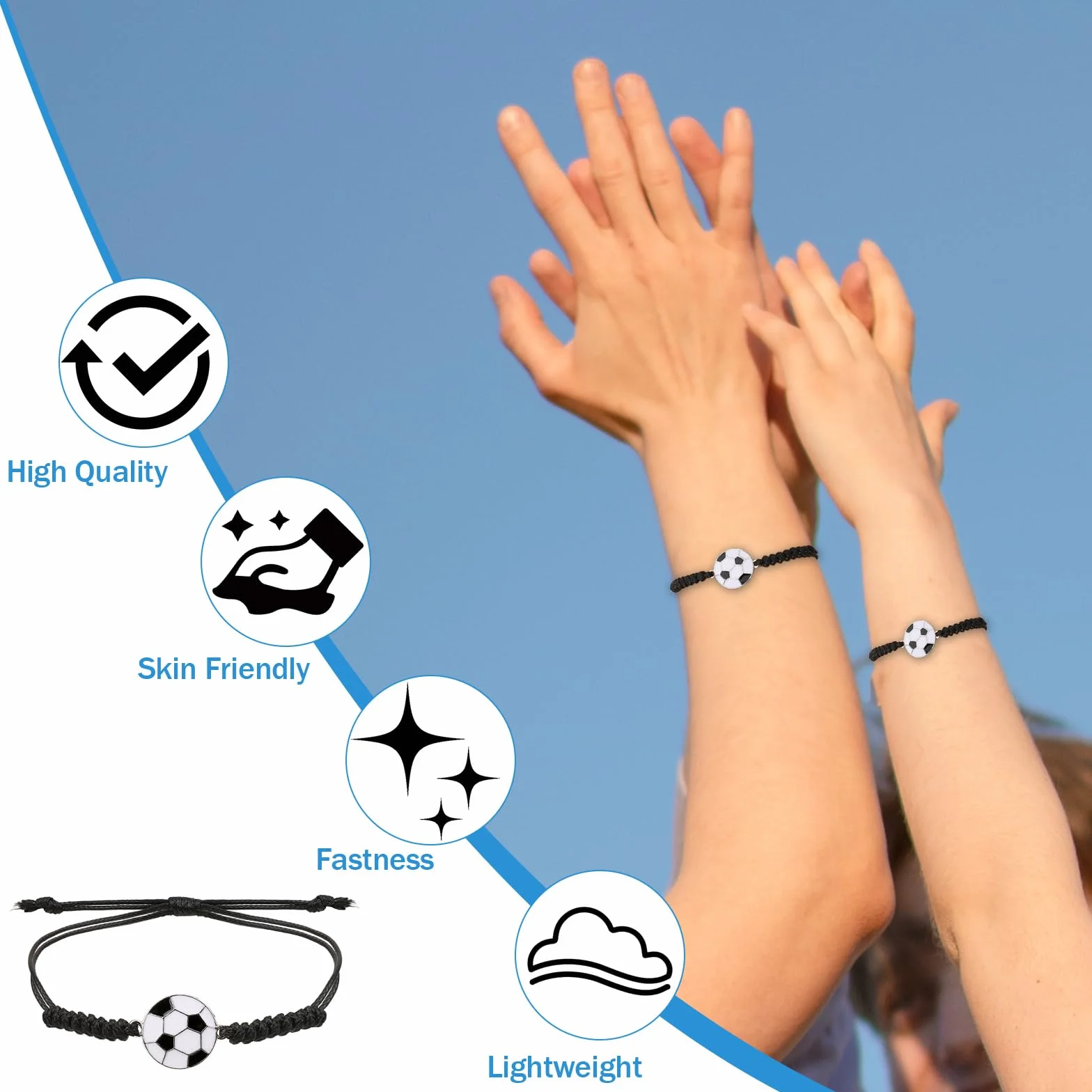 Pulseras de la amistad ajustables para niños, pulsera de fútbol tejida, nailon metal, 16-24 cm