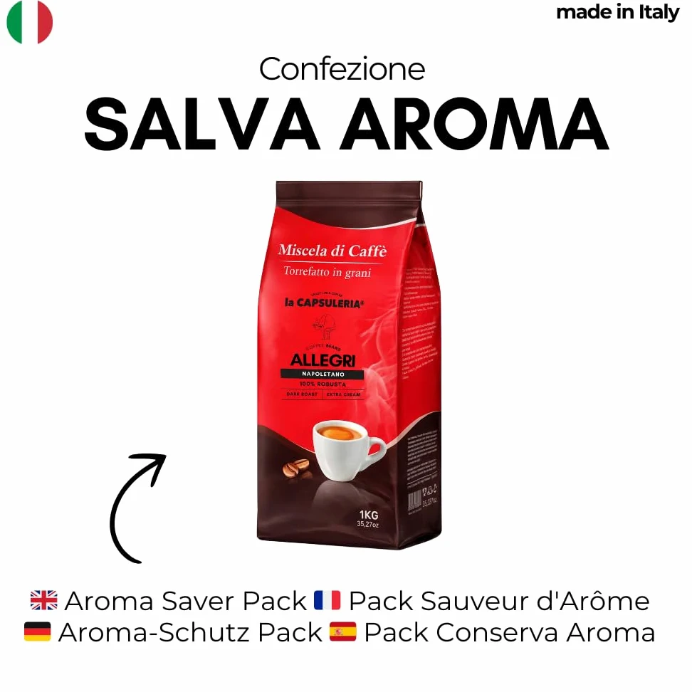 CAFÉ EN GRANO ALLEGRI NAPOLETANO (6 kg) - 100% Robusta | Pack 6 kg (6 x 1 kg) | Café en grano 100% Robusta, tostado en Italia, fuerte, intenso y con cuerpo