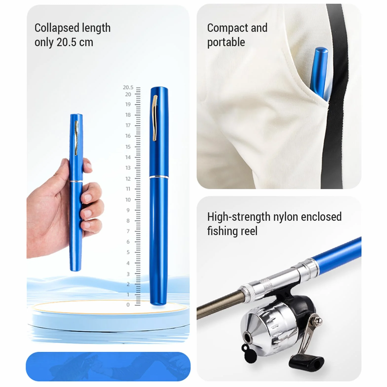 Kit de caña de pescar telescópico portátil con bolsillo carrete giratorio para viajes agua salada dulce