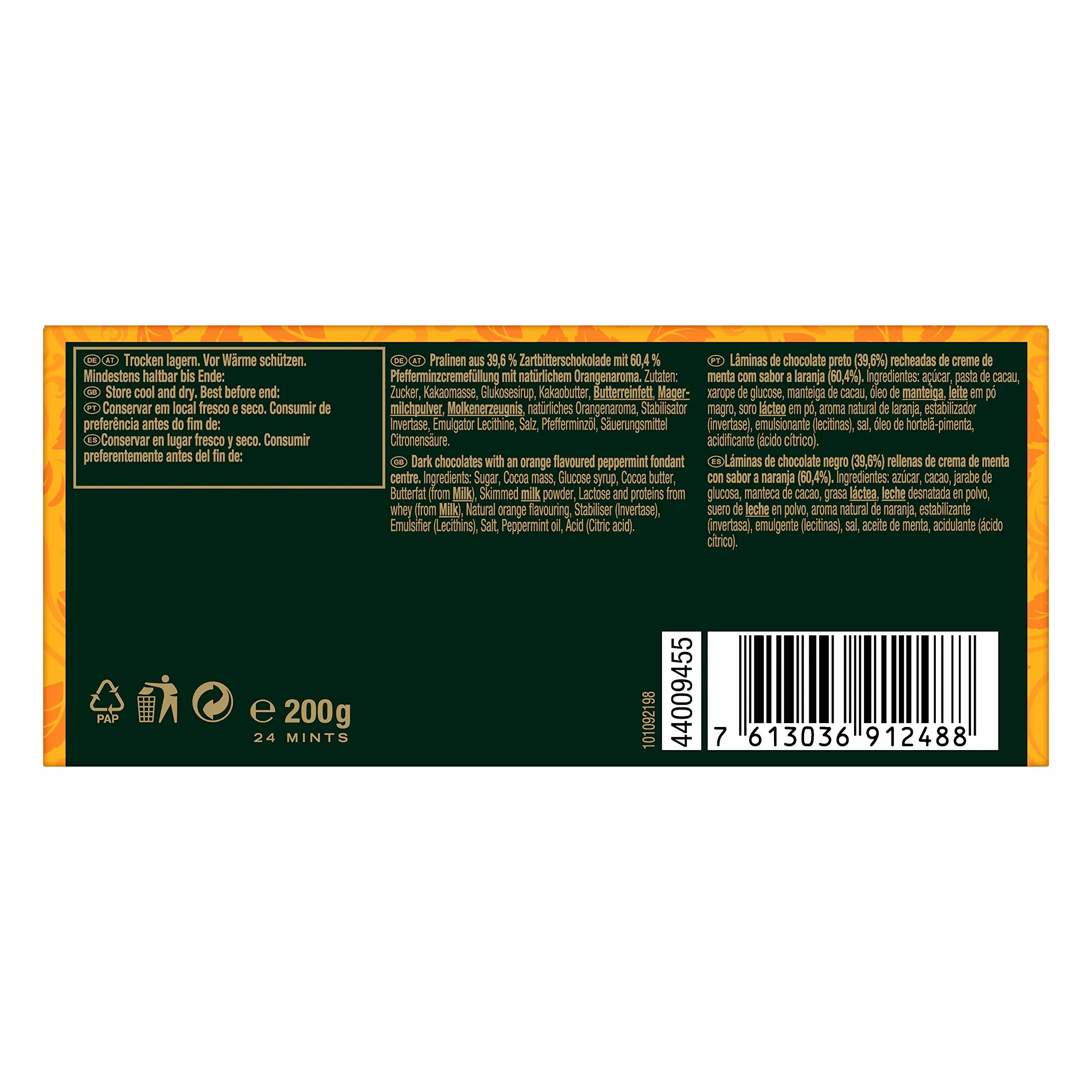 After Eight Láminas de Chocolate Negro con Interior de Menta y Naranja, 200g