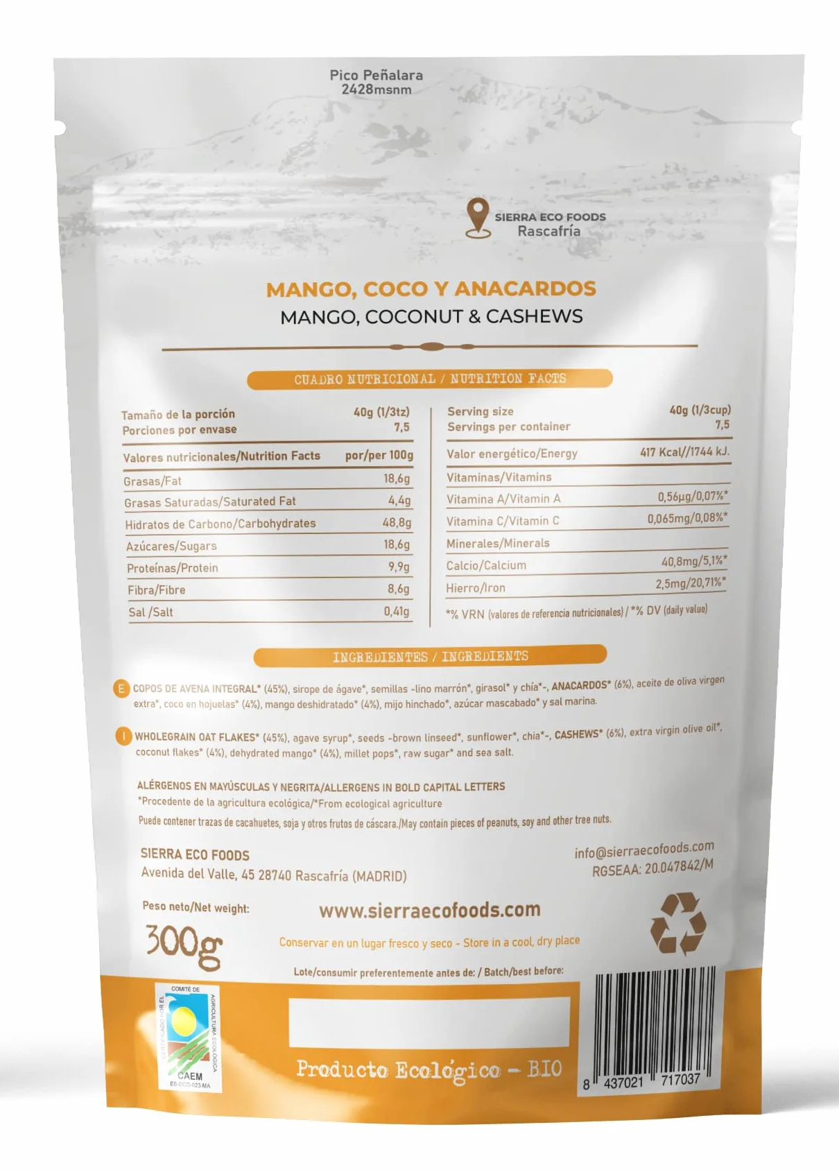 Granola de Mango, Coco y Anacardos (Pack: 3 x 300gr) Peso Total: 900gr