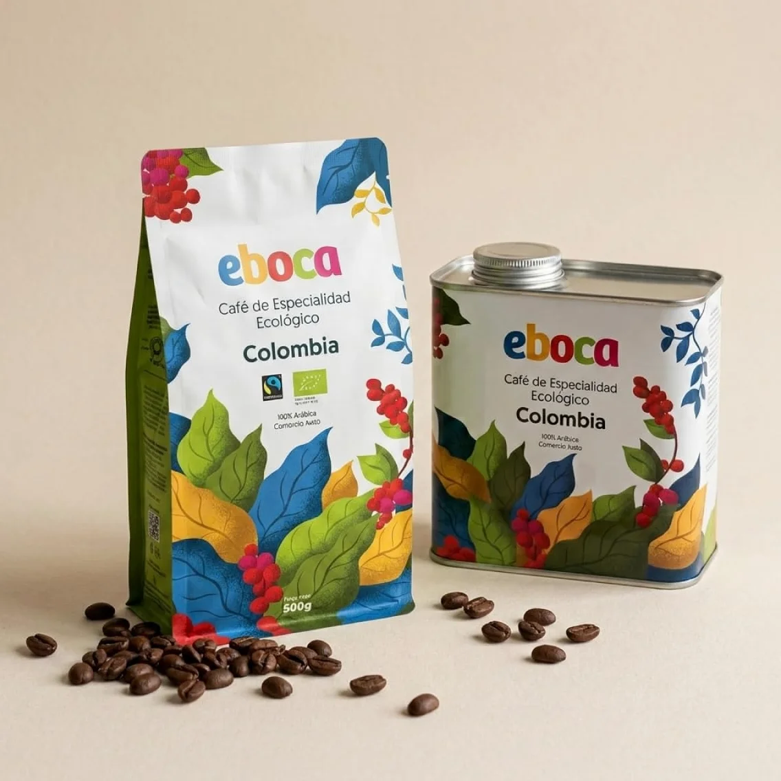 EBOCA Café en Grano Ecológico 1kg (2x500g) – 100% Arábica de Especialidad, Origen Colombia, Comercio Justo (Fairtrade), Tostado Artesanal en Huesca, Tueste Medio para Espresso y Filtro