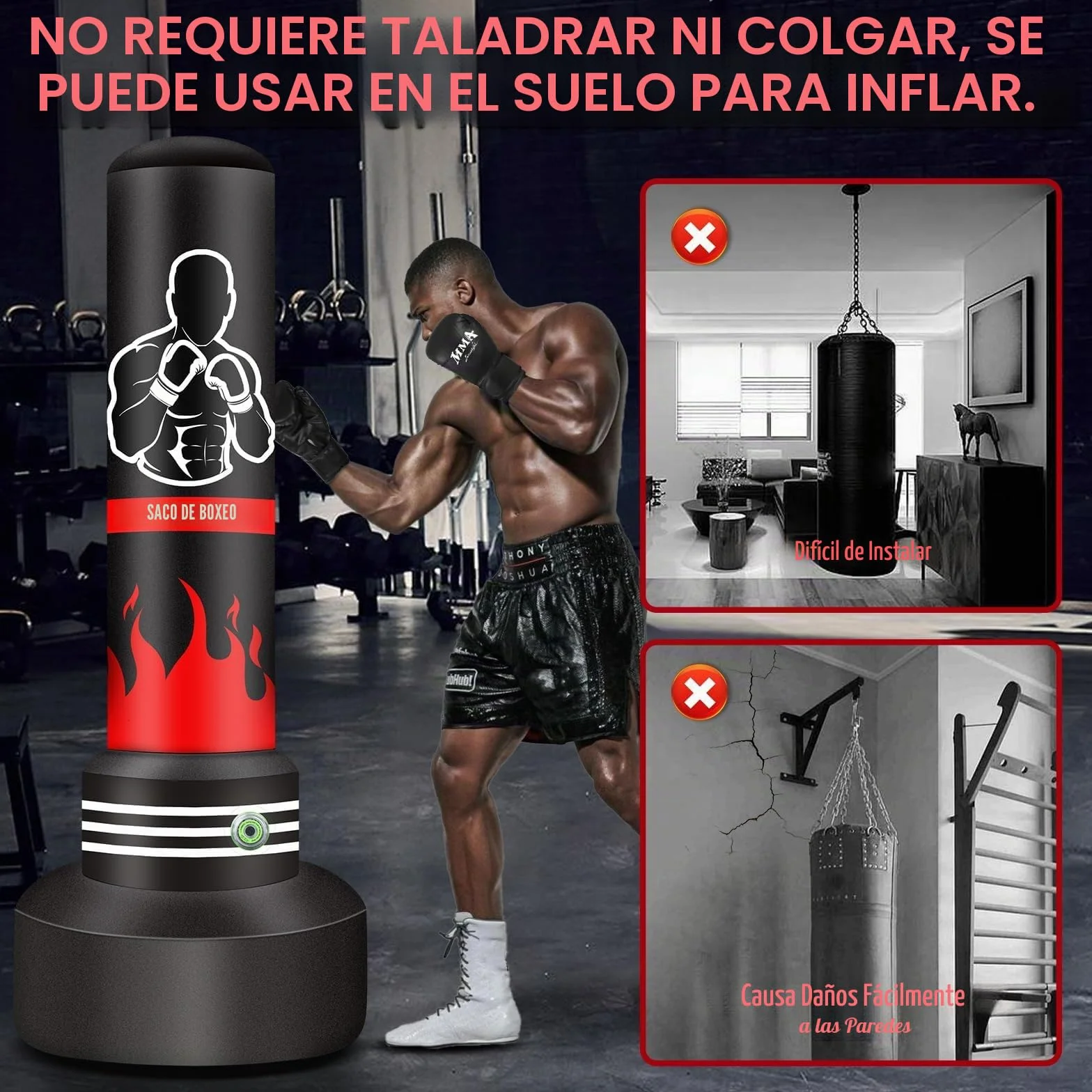 Saco de Boxeo 180cm Pesado Autoinflable con Guantes y Bomba de Aire para Entrenamiento MMA Muay Thai