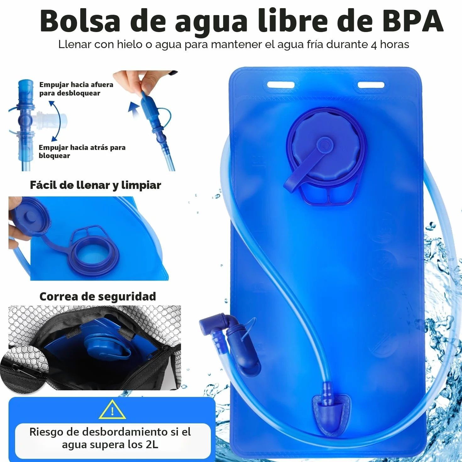 Mochila de hidratación 2 litros ligera transpirable 3 bolsillos correas hombro reforzadas senderismo correr ciclismo