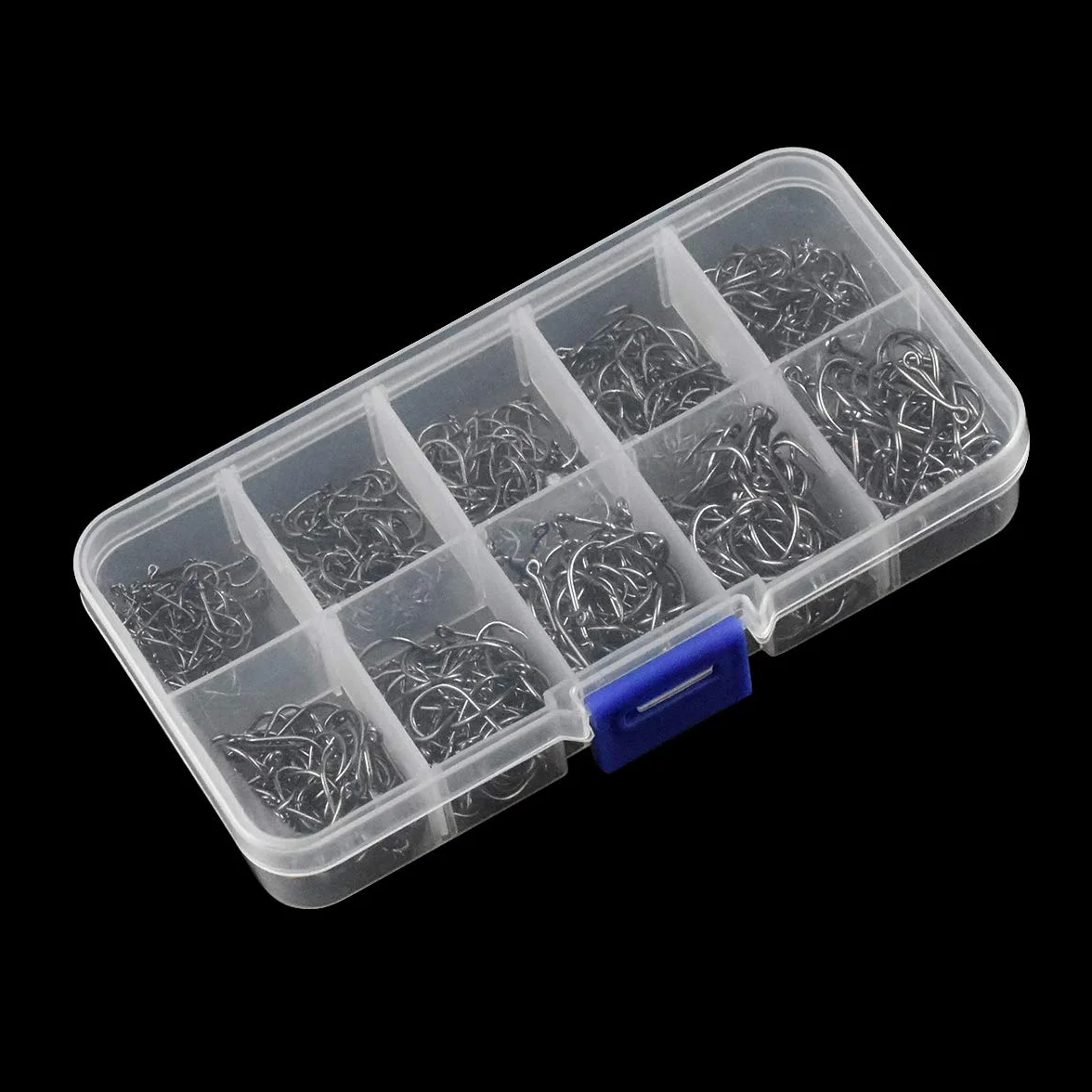Anzuelos de Pesca 500pcs Acero al Carbono 10 Tamaños con Caja de Plástico para Agua Salada y Dulce