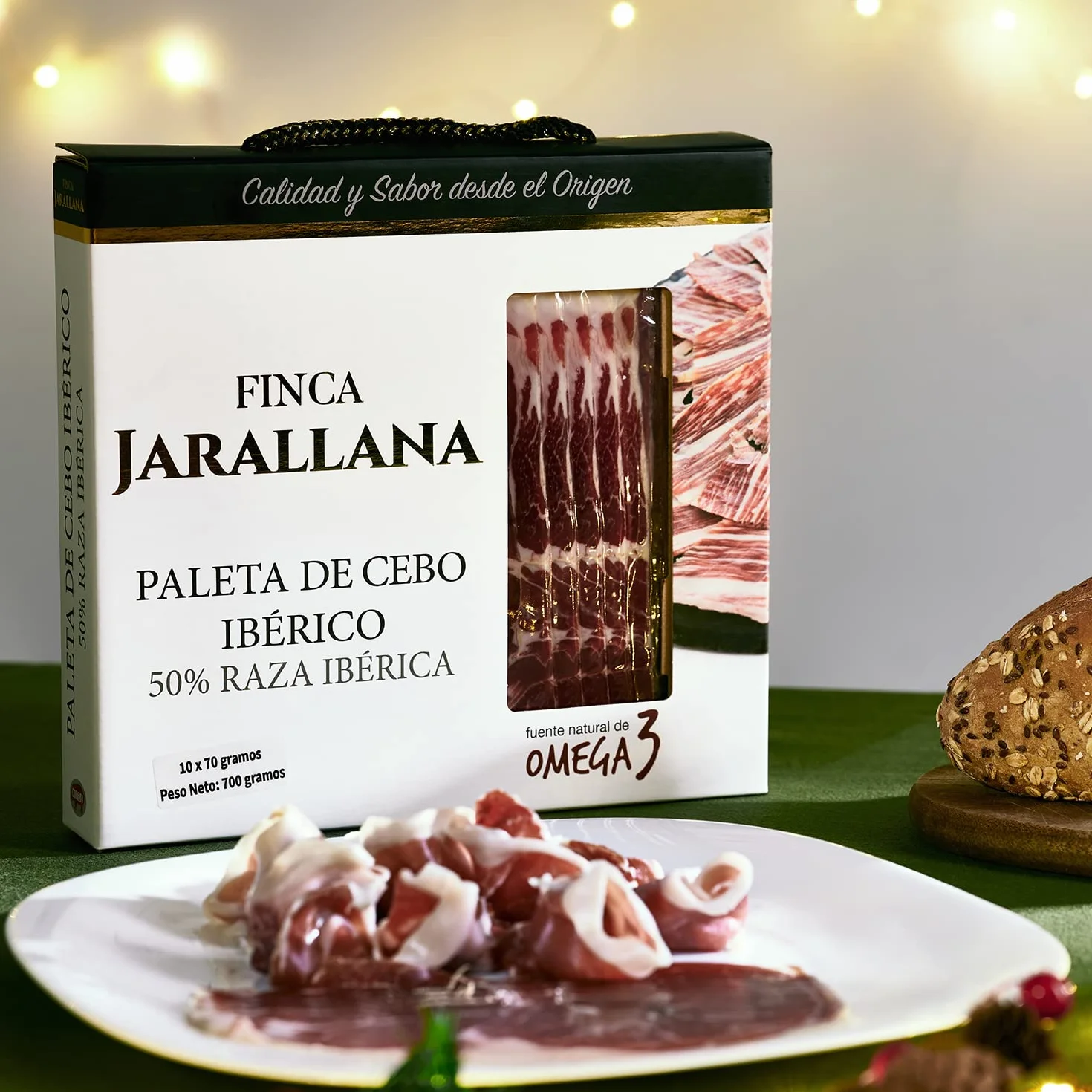 Finca Jarallana - Paleta de Cebo Ibérico Loncheado - 10 Unidades de 70 gr - Estuche con Paleta Deshuesada de Raza Ibérica 50% - Envasada al Vacío