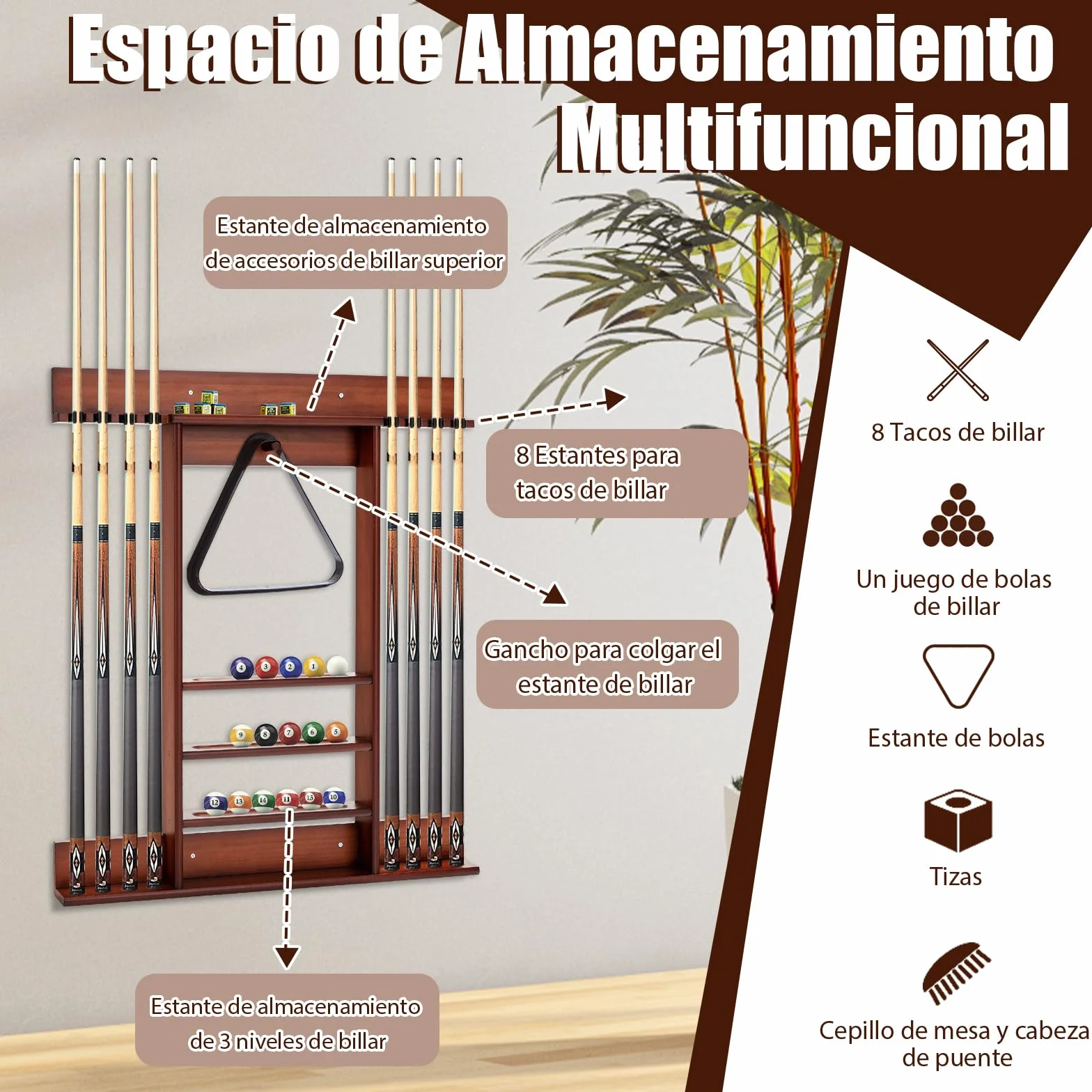 GOPLUS Soporte para Tacos de Billar de Madera de Pino, 8 Tacos, 15 Bolas y Accesorios, Taquera de Pared Marrón