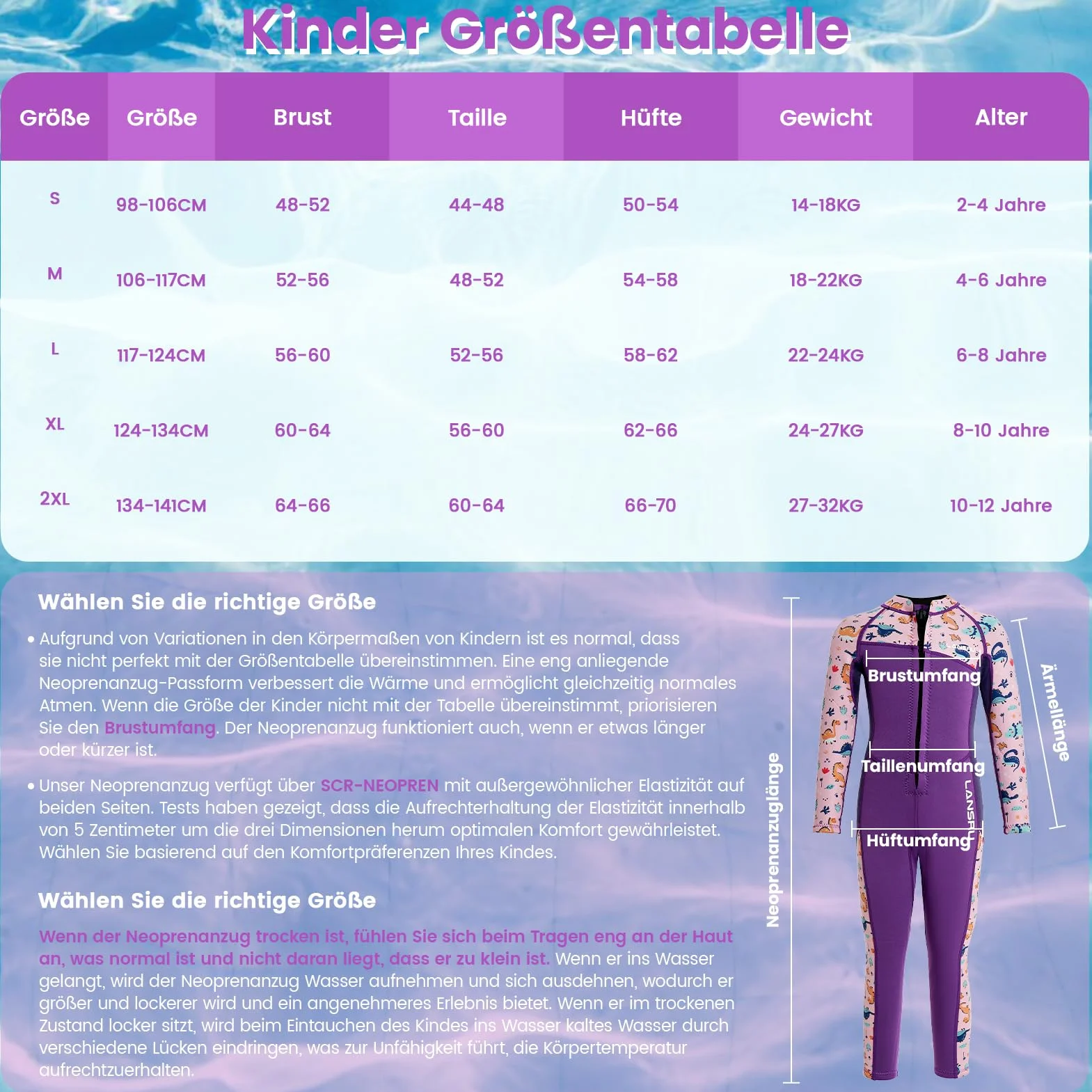 Traje de neopreno infantil 3 mm manga larga cremallera trasera para niños niñas nadar bucear surf