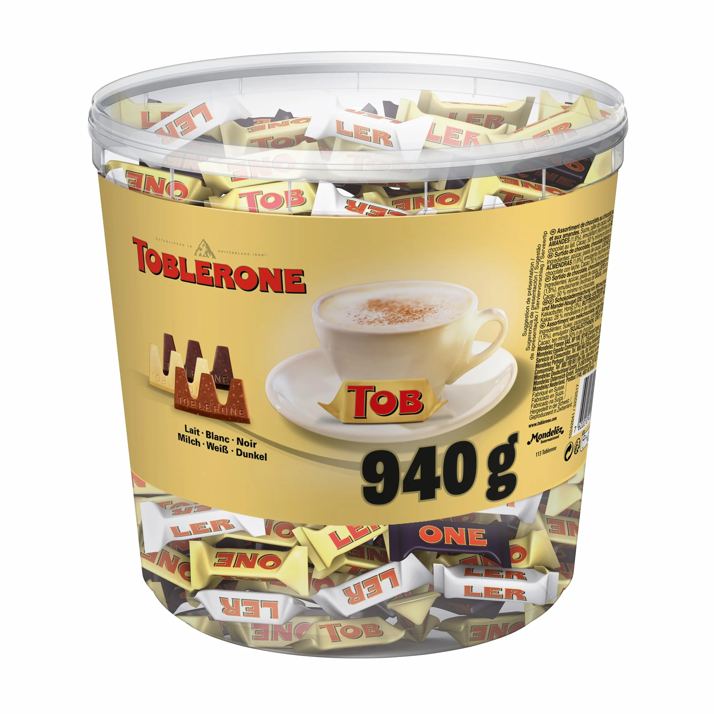 Toblerone Surtido de Mini Chocolate Suizo Mix de Sabores: Chocolate con Leche, Chocolate Blanco y Chocolate Negro con Nougat de Miel y Almendras, Pack 904g