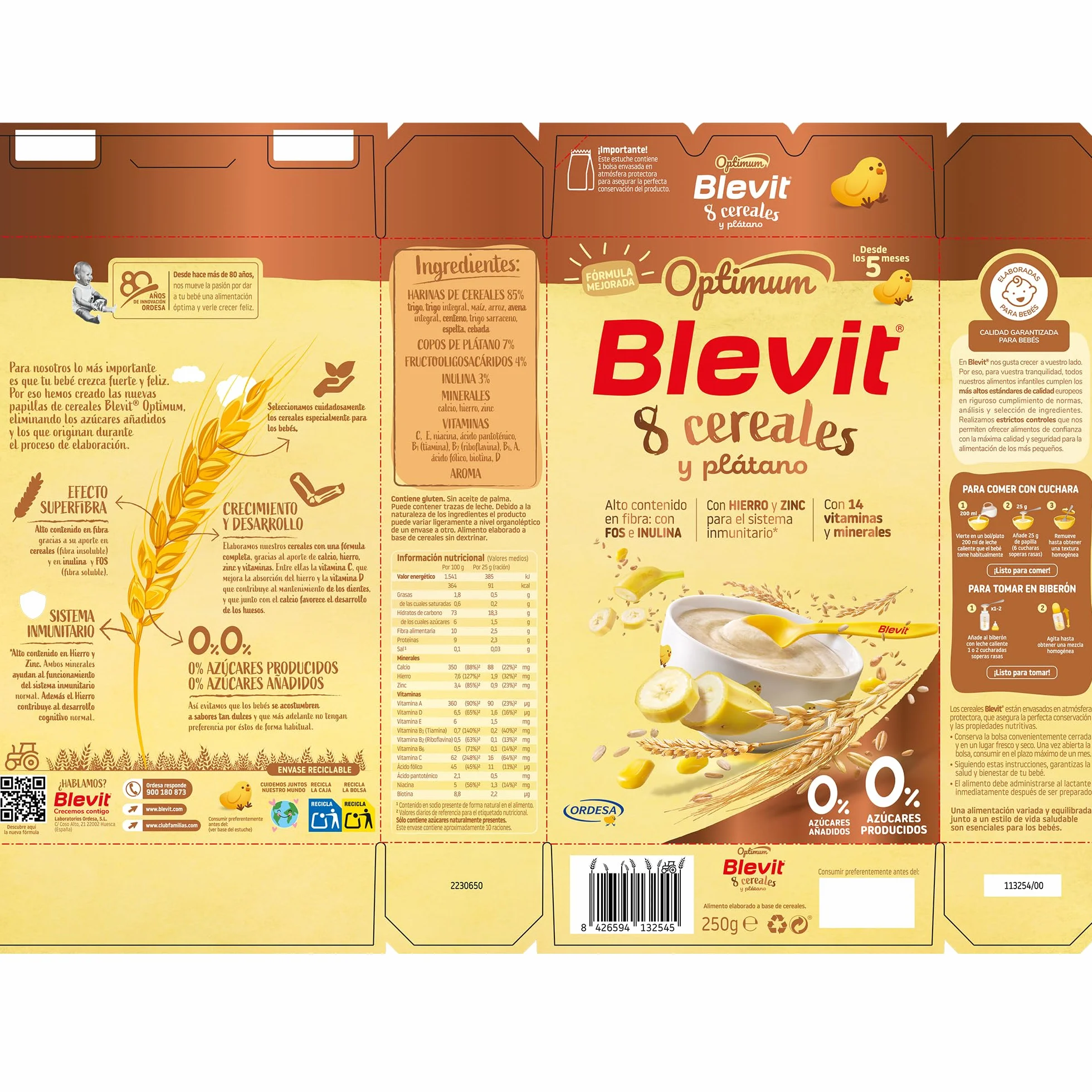 Blevit Optimum 8 Cereales y Plátano | 250g | Papilla para Bebé con 85% de Cereales - Copos de Plátano, Vitaminas, Minerales y Fibra