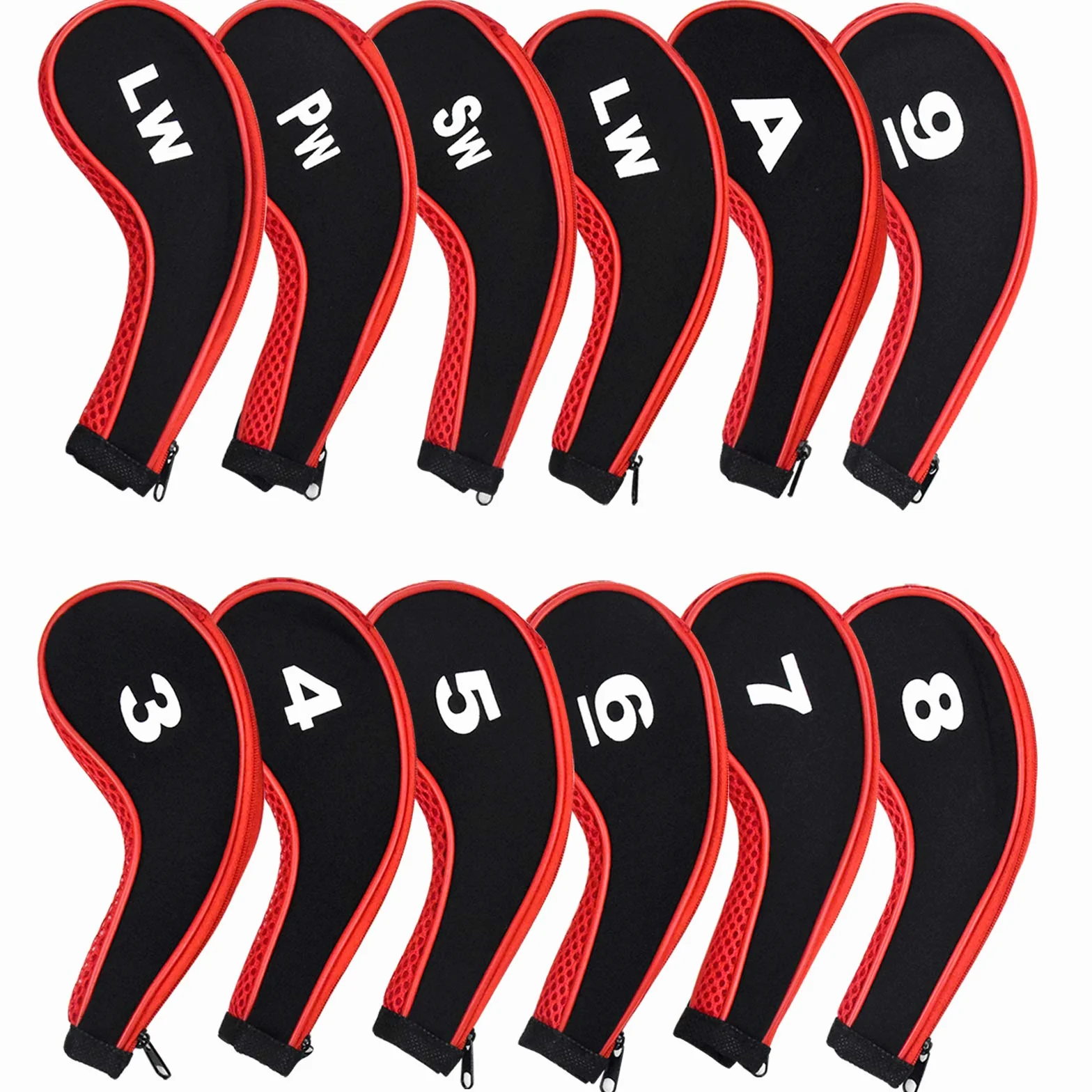 Fundas de Hierro para Palos de Golf 12 Piezas Números 3-9 A/SW/PW Cremallera Cuello Largo Rojo