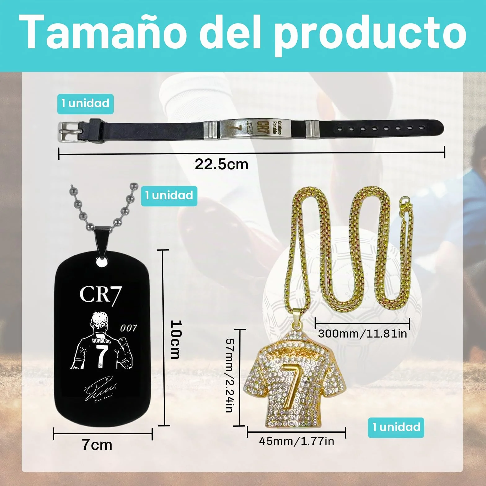 CR7 3-Piece Football Accessory Set: Black & Gold 3D Wristband, Adjustable Emblem, Football Jersey, 7-Chain Necklace