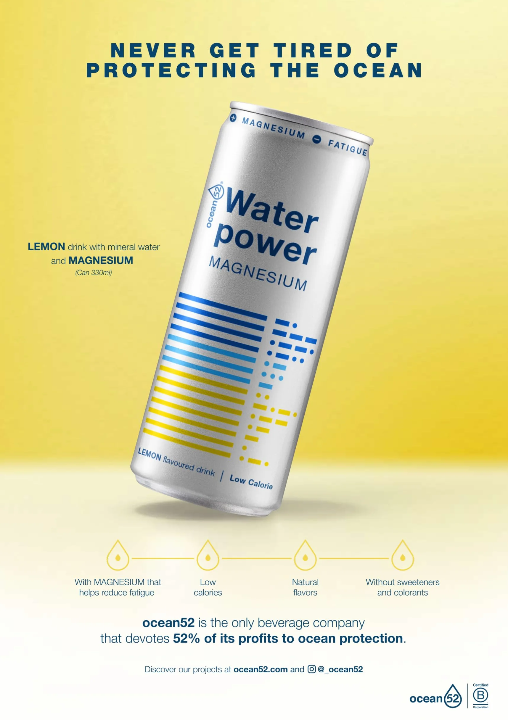 Agua en lata Water Power, de Ocean52. Agua Mineral Natural con Limón y Magnesio - Pack 24 unidades x 33cl. Agua en packs de 24 latas de 33cl. Agua mineral en lata x 24.