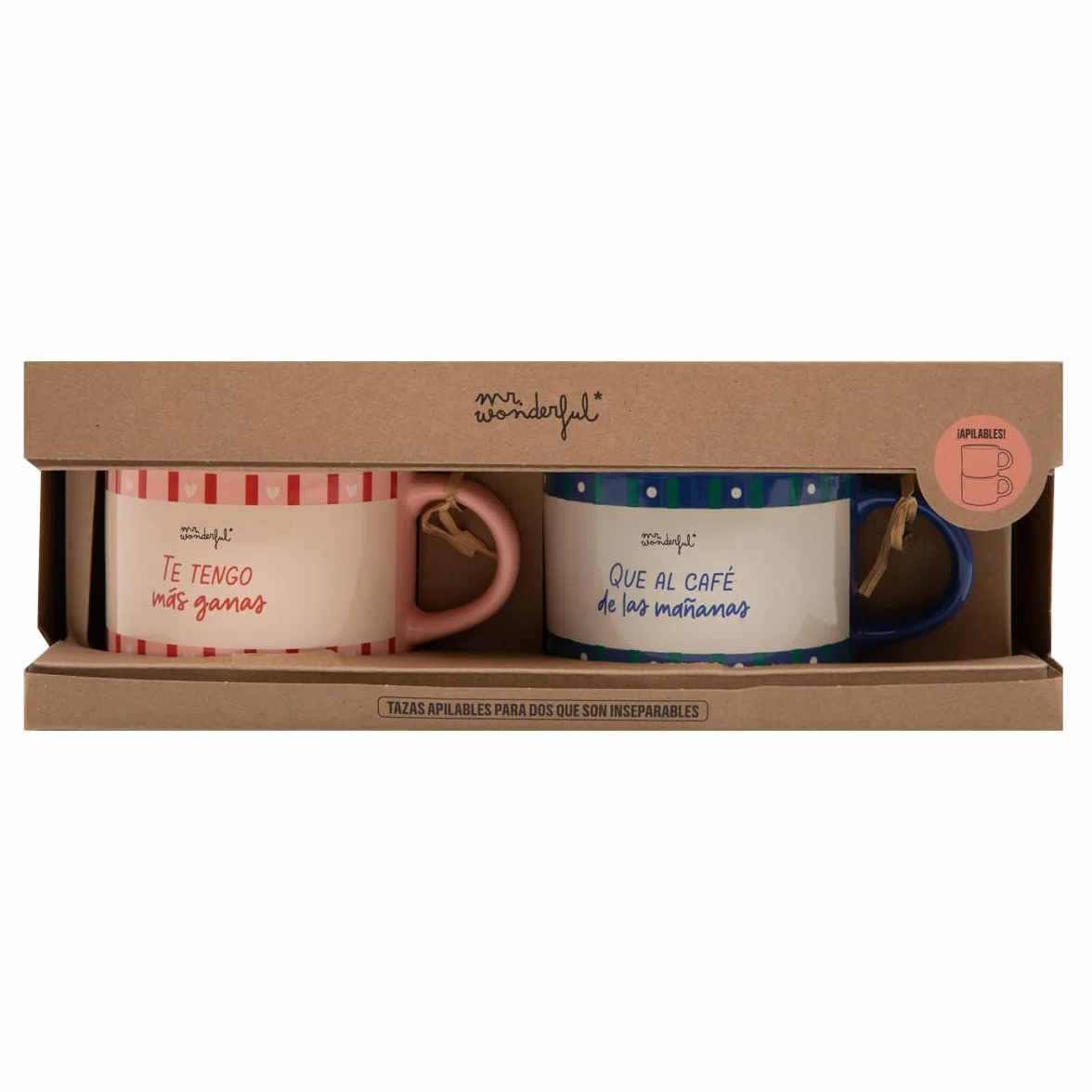Mr. Wonderful - Set de 2 tazas apilables - Te tengo más ganas que al café de las mañanas - Taza personalizada con mensaje de amor - 370 ml