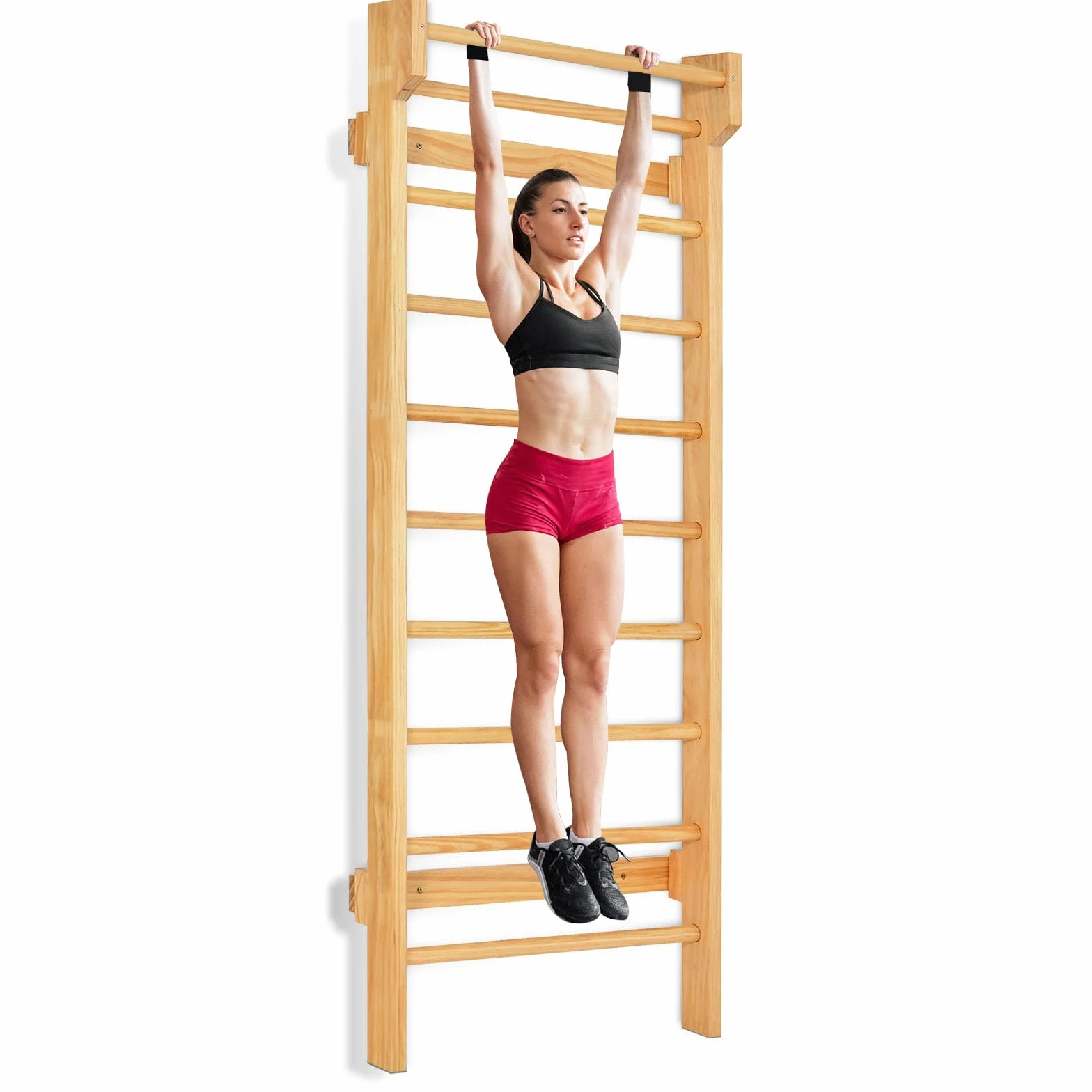 HOMASIS Barra de pared de madera sueca, Escalera de gimnasio interior, Pared de escalada 100 kg 81x14x195 cm Natural