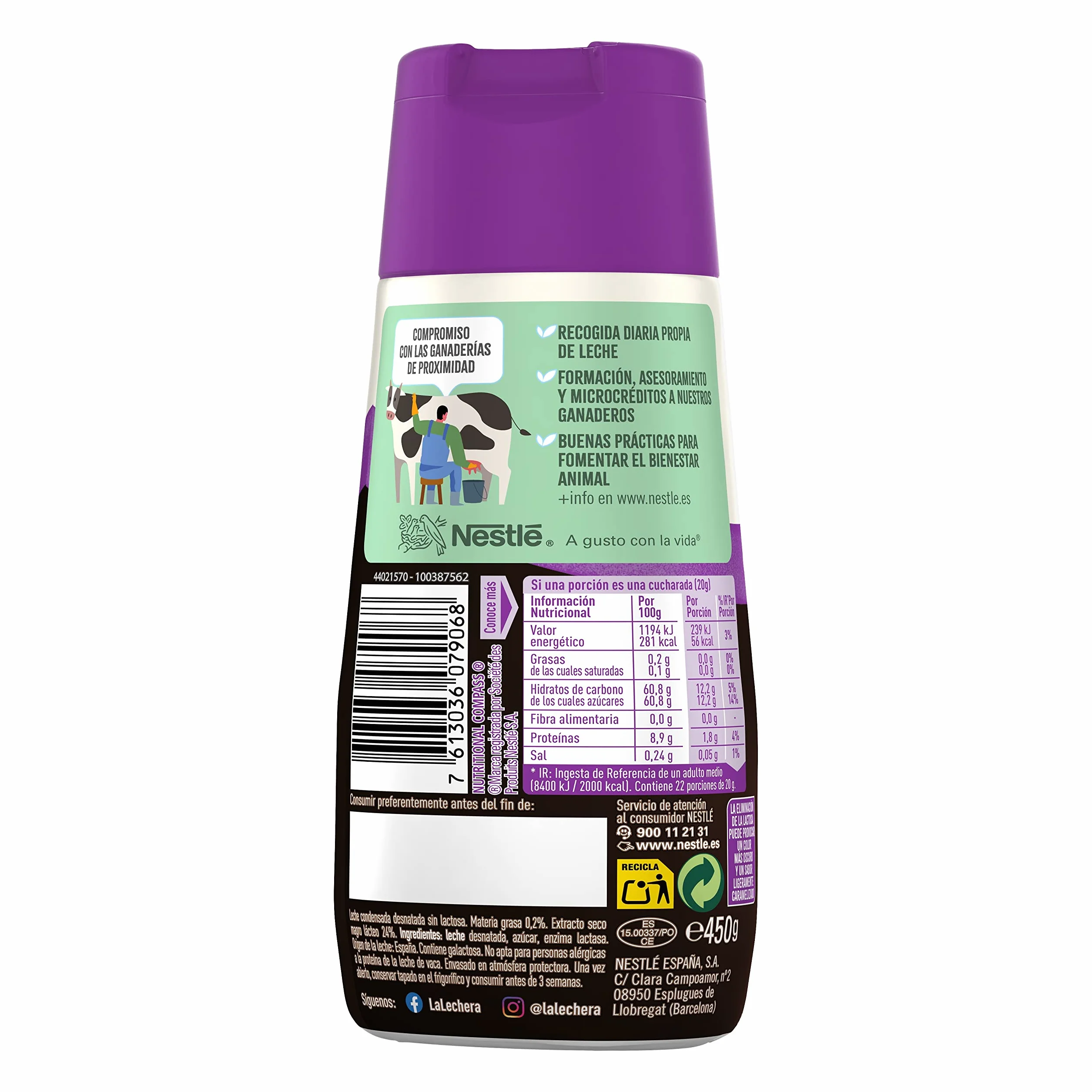 La Lechera Nestlé Leche condensada desnatada sin lactosa - Botella de Sirve Fácil Caja 8 x 450 g