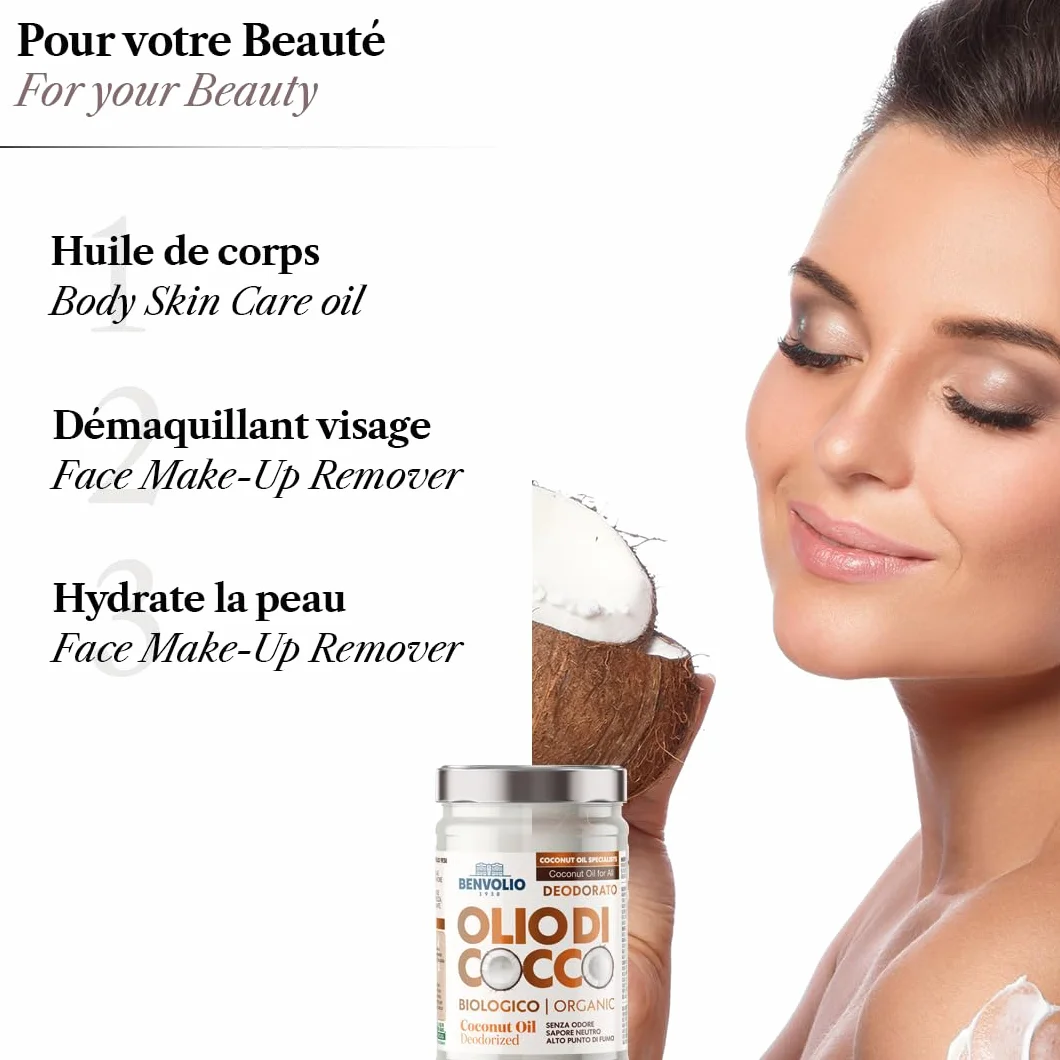 BENVOLIO - Aceite de coco orgánico desodorizado | 950 ml | Puro, versátil e inodoro | Sin lactosa | Hidratante para la piel y el cabello | Cocina y cuidado personal | Aceite de coco y kokosöl