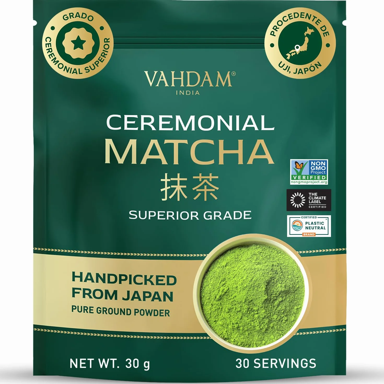 VAHDAM Matcha Ceremonial 30g | Té Verde Matcha Japonés Grado Ceremonial de Uji, Japón | Polvo Ultra Fino y Sedoso | Sabor Delicado Sin Amargor | Ideal para Ceremonia del Té y Matcha Latte