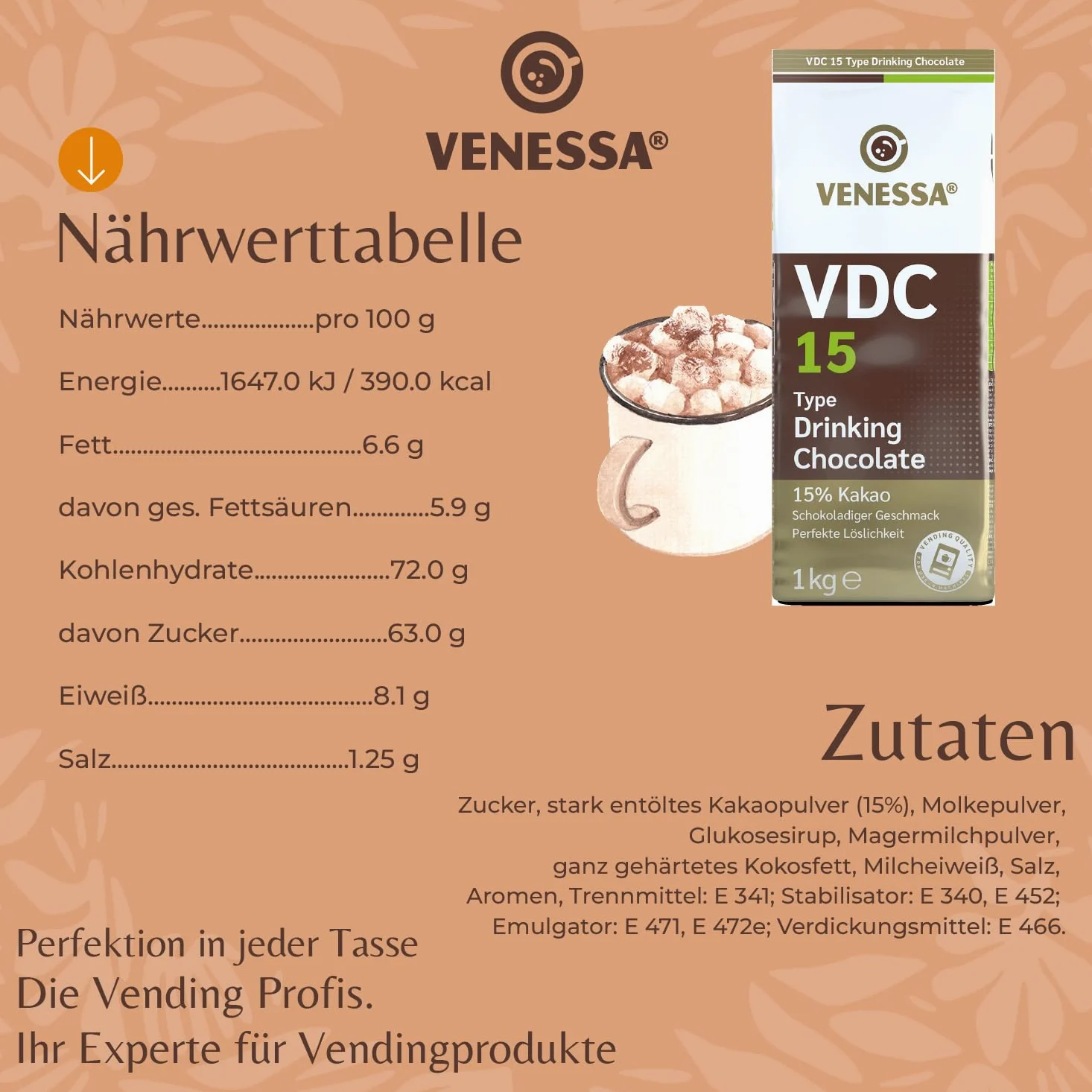 Venessa VDC 9 - Chocolate para beber (5 x 1 kg, 9% de cacao y leche, cacao en polvo para gastro, máquinas expendedoras, ligeramente dulce, agradable