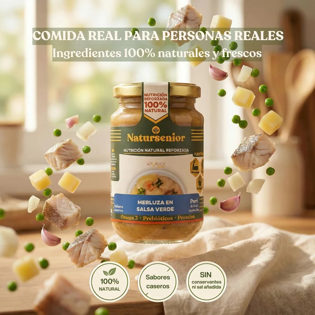 Natursenior - Comida Triturada para Personas Mayores - Pack Purés Variados Pescado - 100% Natural, Omega 3, Fibra, Proteína - 15 uds x 340g