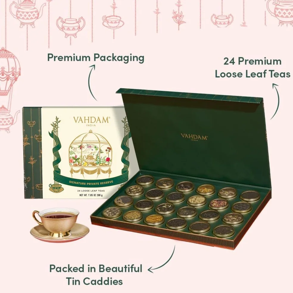 VAHDAM, Caja de Regalo de Lujo de 24 Tés a Granel Únicos en Latas - Caja de Regalo Premium | Sin Gluten & No OGM | Regalos de San Mujeres y Hombres