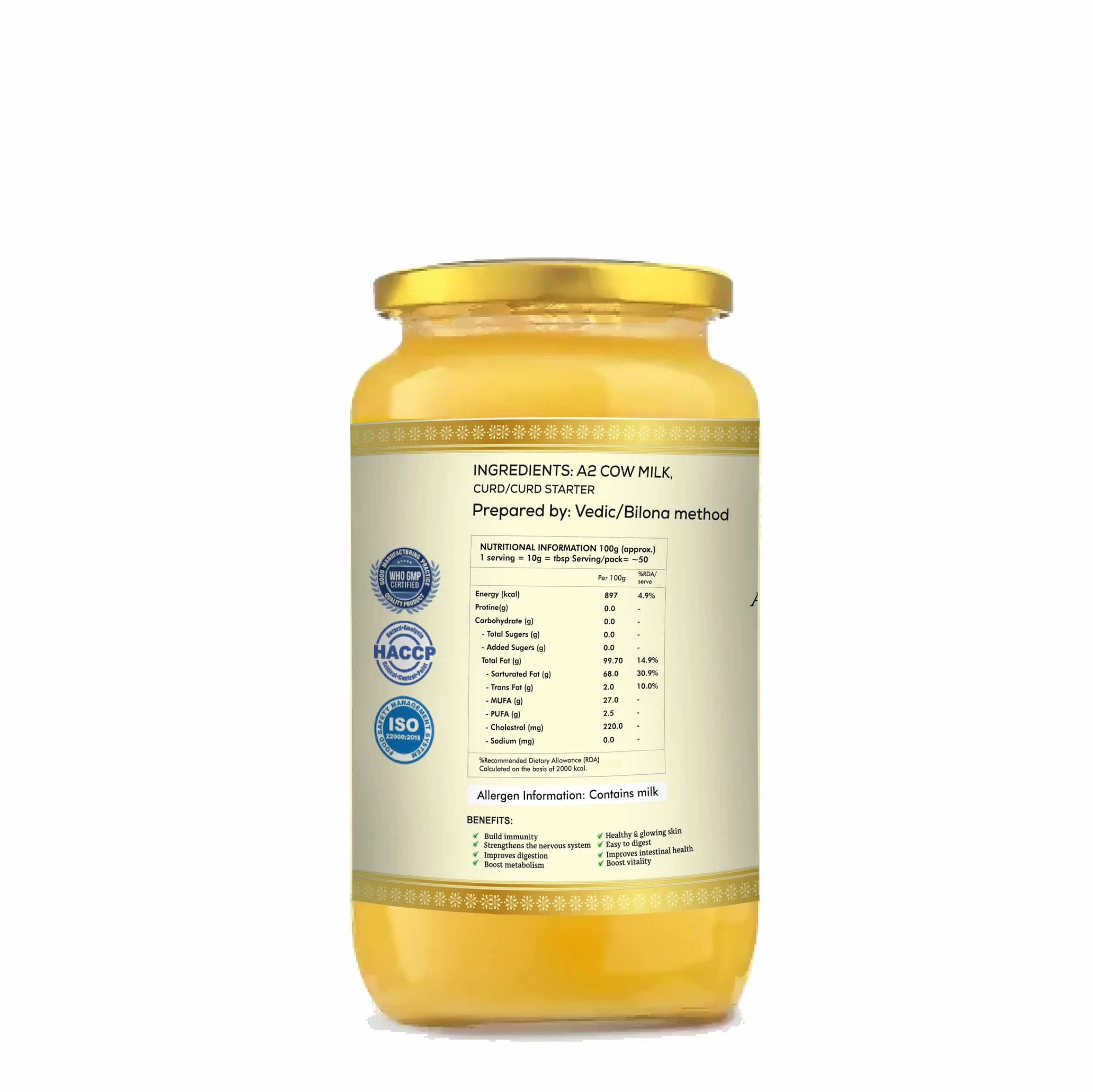Go Fresho Ghee de vaca Gir A2 | Método Vedic Bilona | Puro, natural y saludable | Botella de vidrio de 1000 ml