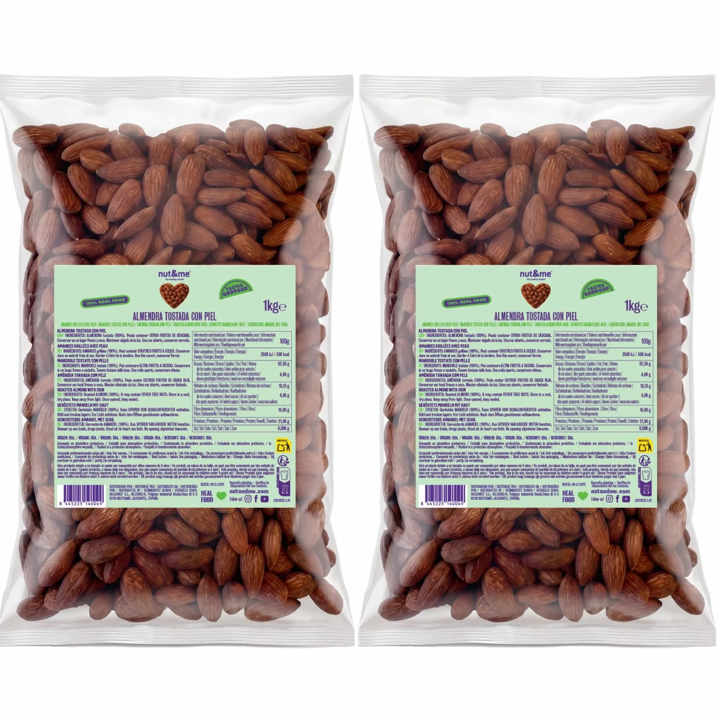 Almendras tostadas naturales sin sal 2 kg nut&me | Sin Gluten - sin aditivos | Keto | Frutos secos saludables | Proteina vegana | Pack 2 x 1 kg