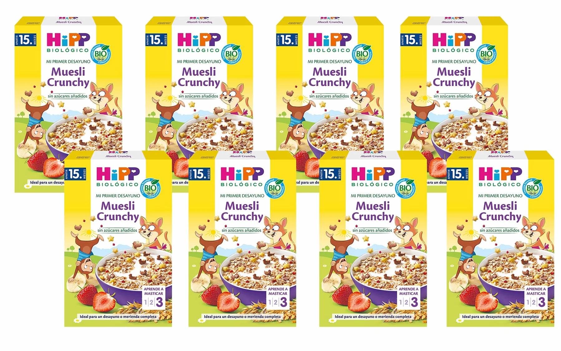 HiPP Biológico – Pack 8 Muesli Crunchy BIO Mi Primer Desayuno – Cereales Integrales con Frutas – Sin Azúcares Añadidos – Desde 15 Meses – 8 × 200 g