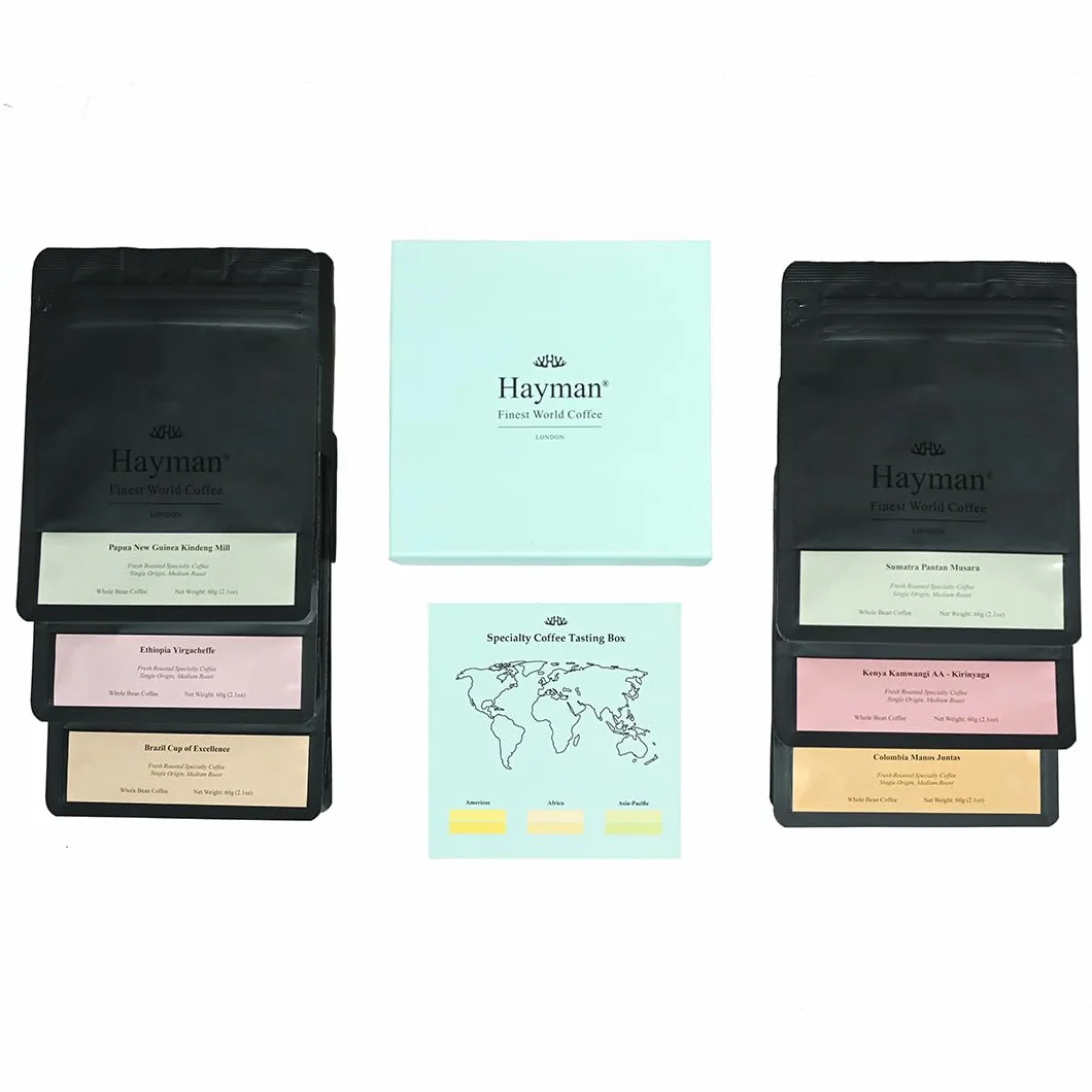 Hayman, Caja de Degustación de Cafés Especiales, Paquete de 6 Selecciones de Cafés Gourmet, Muestra de Variedad Premium, Surtido Regalo, En Grano, Tostado Medio, 6 bolsas con 60 Gramos (360g Total)