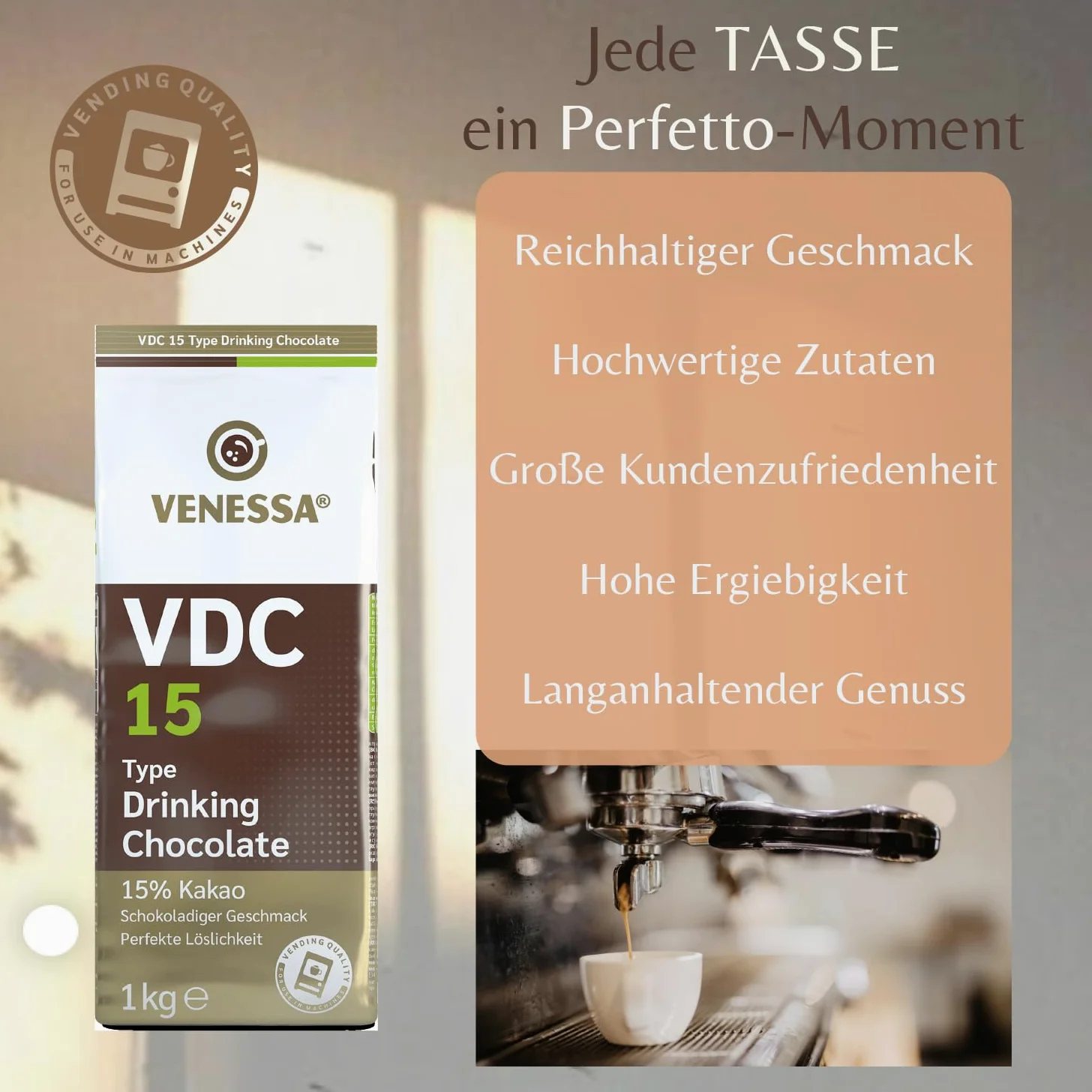 Venessa VDC 9 - Chocolate para beber (5 x 1 kg, 9% de cacao y leche, cacao en polvo para gastro, máquinas expendedoras, ligeramente dulce, agradable