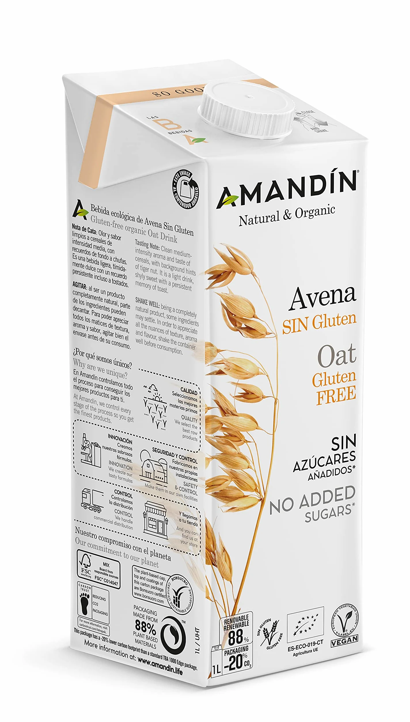 Amandin Bebida Ecológica De Avena Sin Gluten 1 L