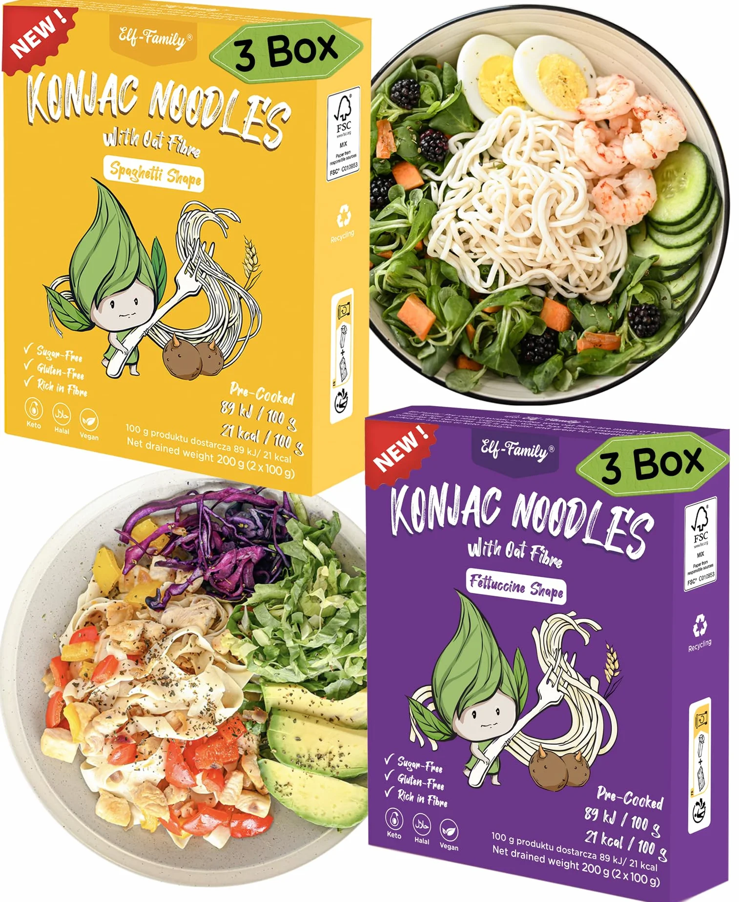 Elf-family Premium Pasta Konjac Keto de Tailandia Bajo en calorías Bajo en carbohidratos Vegano Sin gluten Fideos Konjac Noodles Shirataki Sin azúcar Mixto 240 g x6 cajas