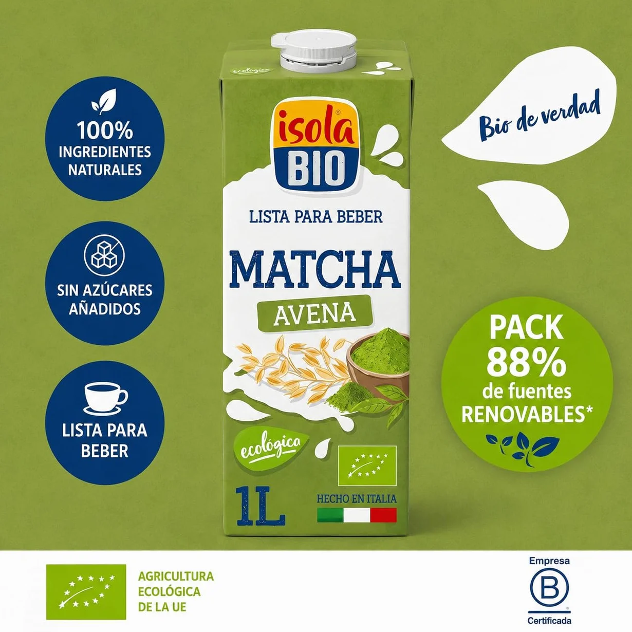 ISOLA BIO - Pack de 6 Unidades de 1 L de Bebida Ecológica Vegetal de Avena y Matcha - Sin Azúcar Añadido - Apto para Veganos - Ideal para Tomar Sola o en Batidos
