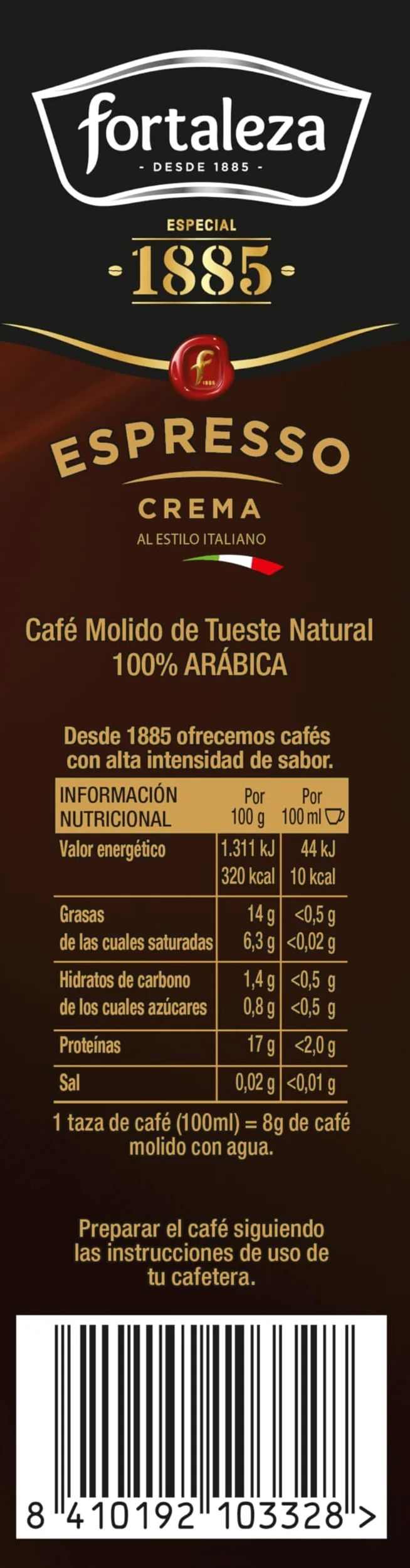 CAFÉ FORTALEZA Café Molido Espresso Natural Intensidad Media 100% Arábica - Pack 8 unidades Total 2 Kg