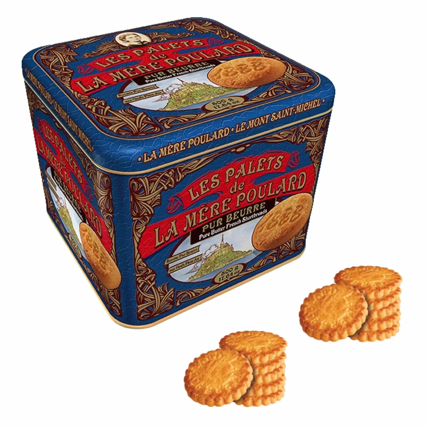 La Mère Poulard® | Galletas de mantequilla pura salada | Lata de galletas de mantequilla francesas | Galletas De Mantequilla - 500 Gr | Lata Regalo Decoraciones Azules con Galletas