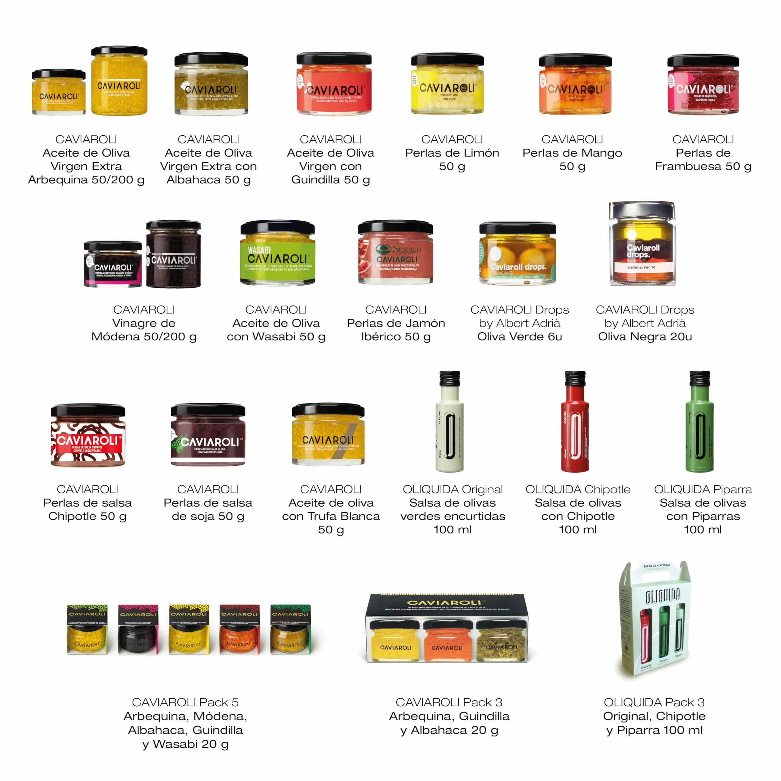 Caviaroli - Encapsulado de Aceite de Oliva y Vinagre - Perlas de Aceite Gourmet para Aliño o Decoración - Pack de 5 sabores, Virgen Extra, Guindilla, Albahaca Wasabi y Vinagre de Módena - 5x20 g