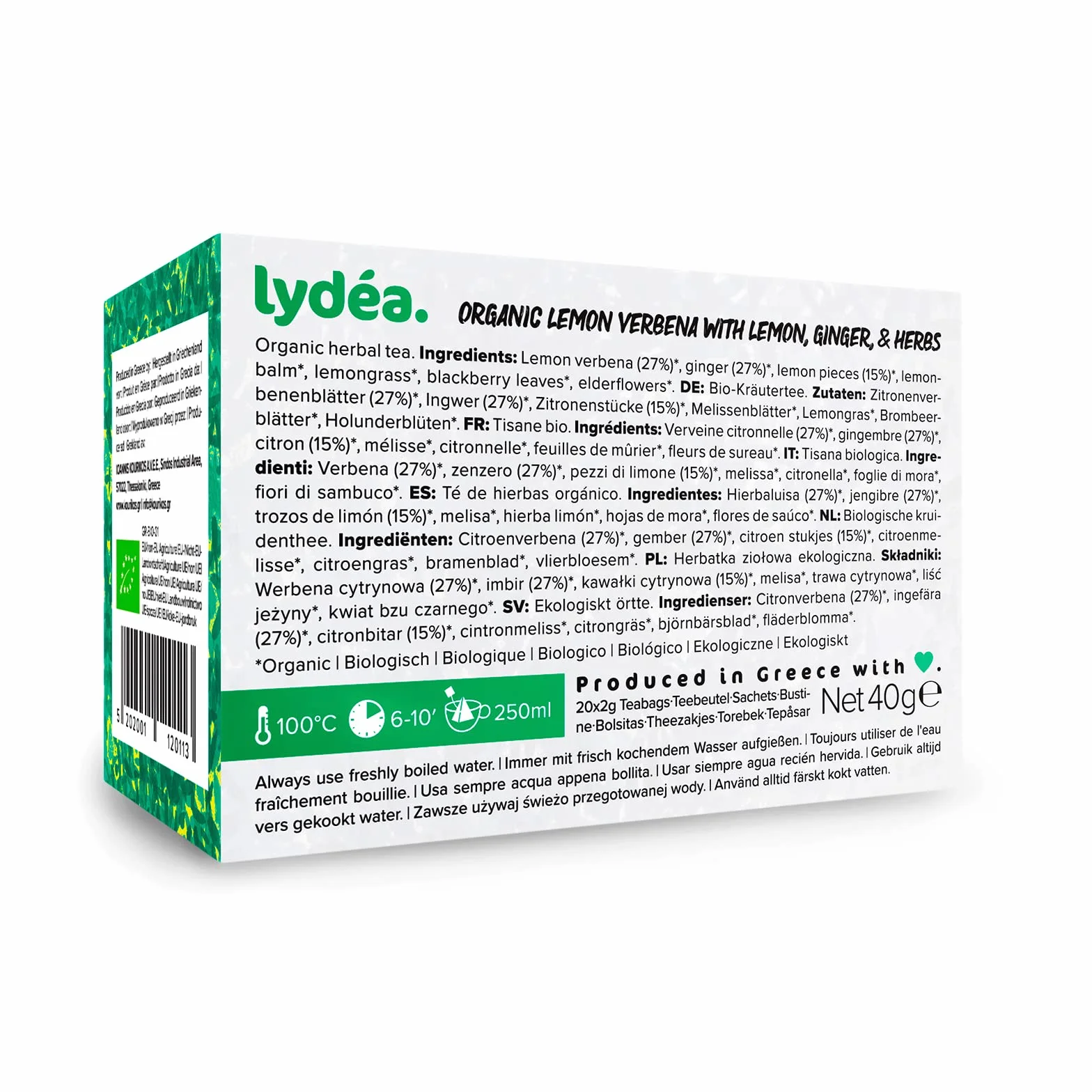 lydéa Lydea - Té de hierbas orgánicas, verbena de limón con limón, jengibre y hierbas, 60 pirámides, paquete de 3 [3 x 20 pirámides]