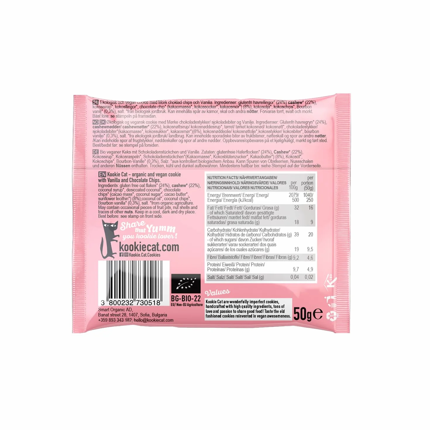 Kookie Cat Vanilla Choc Chip Galletas Veganas Envueltas Individualmente, Sin Gluten, Sin Soja, Bio y Orgánicas, Anacardos y Avena-Paquete Múltiple de 12 x 50 g
