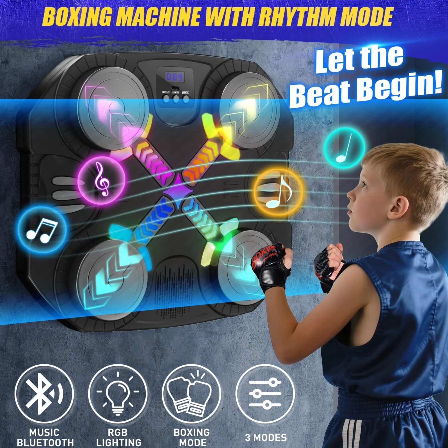 Máquina de Boxeo Musical para Niños, Bluetooth Montada en Pared con Guantes, Luces y Retroalimentación Sonora, 3-12 Años (Negro)