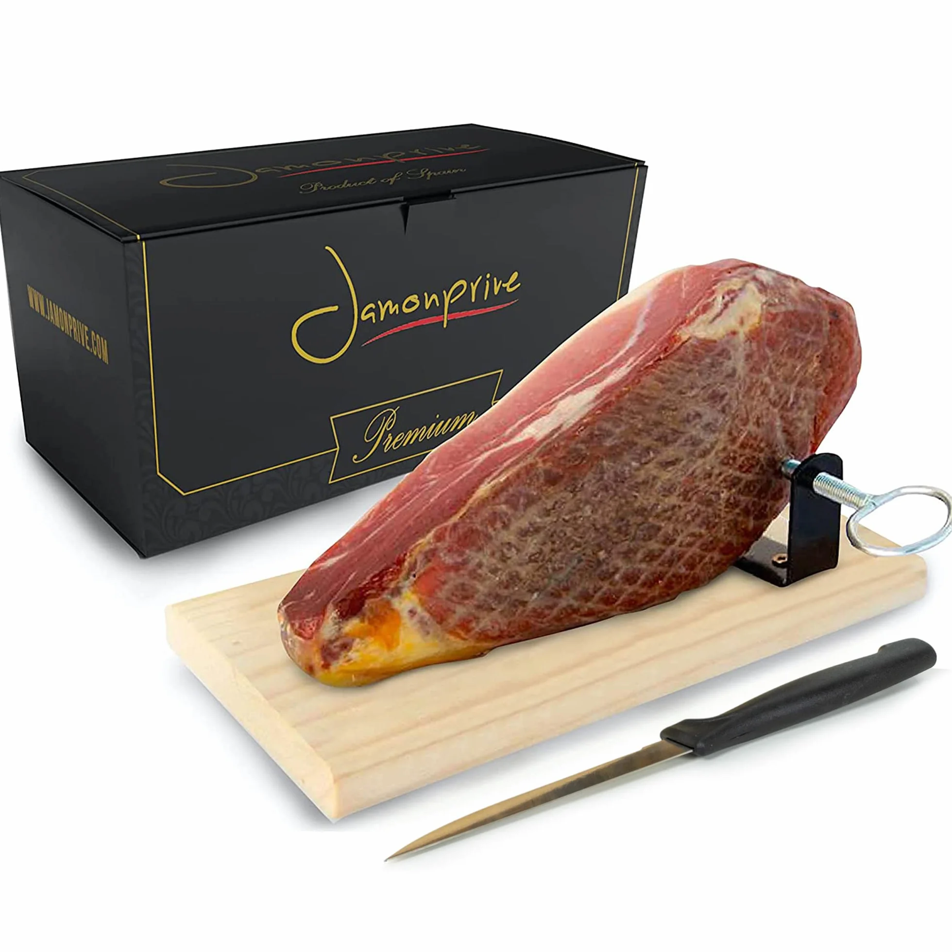 Jamón Serrano Curado Deshuesado + Jamonero + Cuchillo Version Mini de 1 Kg
