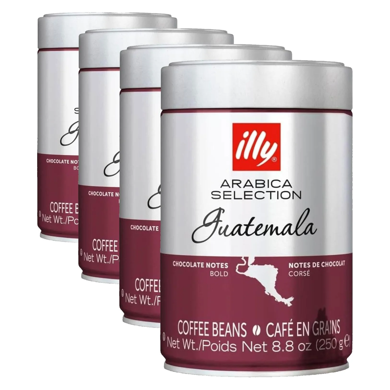 illy, Café en Grano Arabica Selection Guatemala, 100% Arábica con Notas de Chocolate, Sabor Amargo e Intenso, 1 lata de 250g (Paquete de 4)