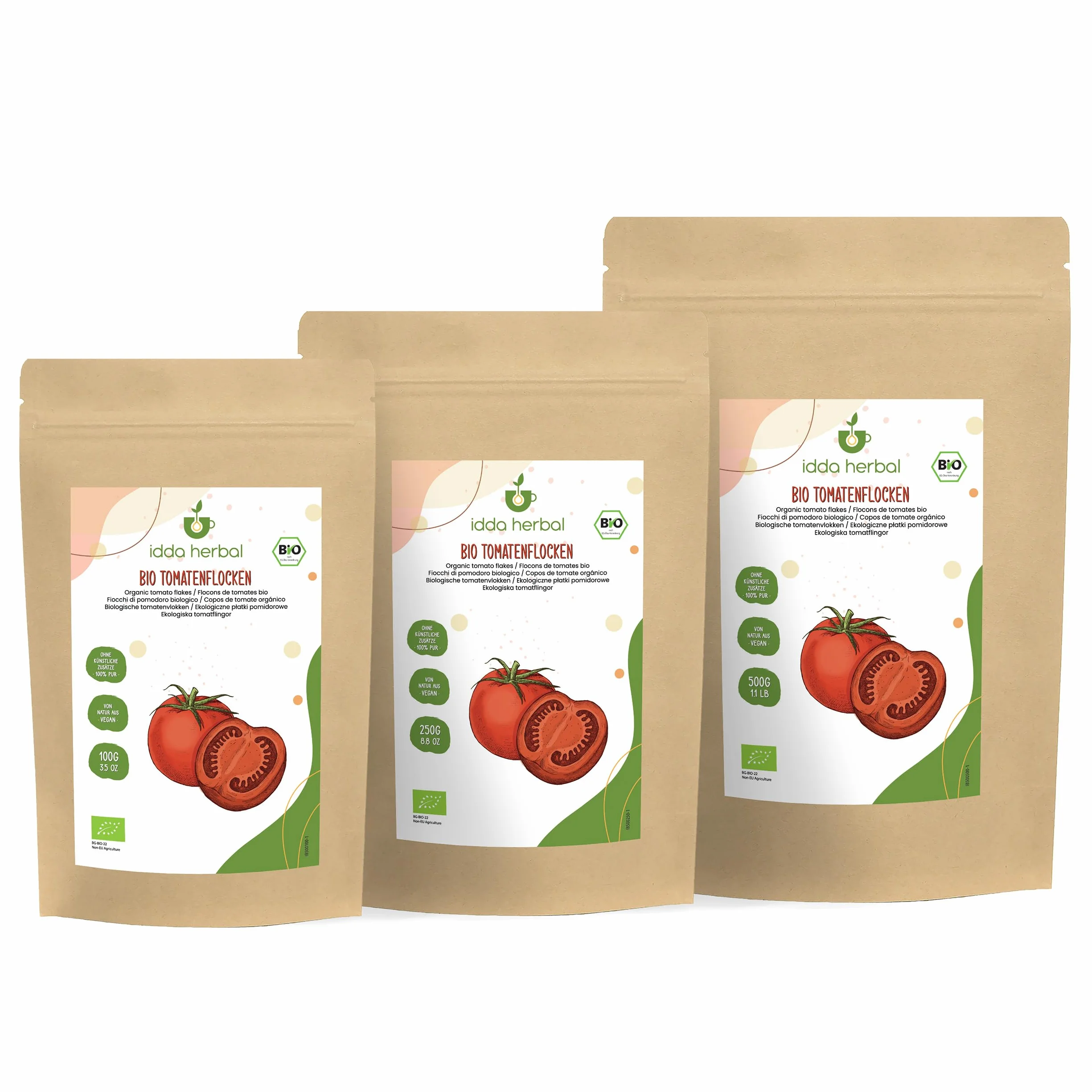IDDA Herbal Copos de Tomate Orgánicos 500g, Trozos de Tomate, Tomates Secos Triturados para Cocinar