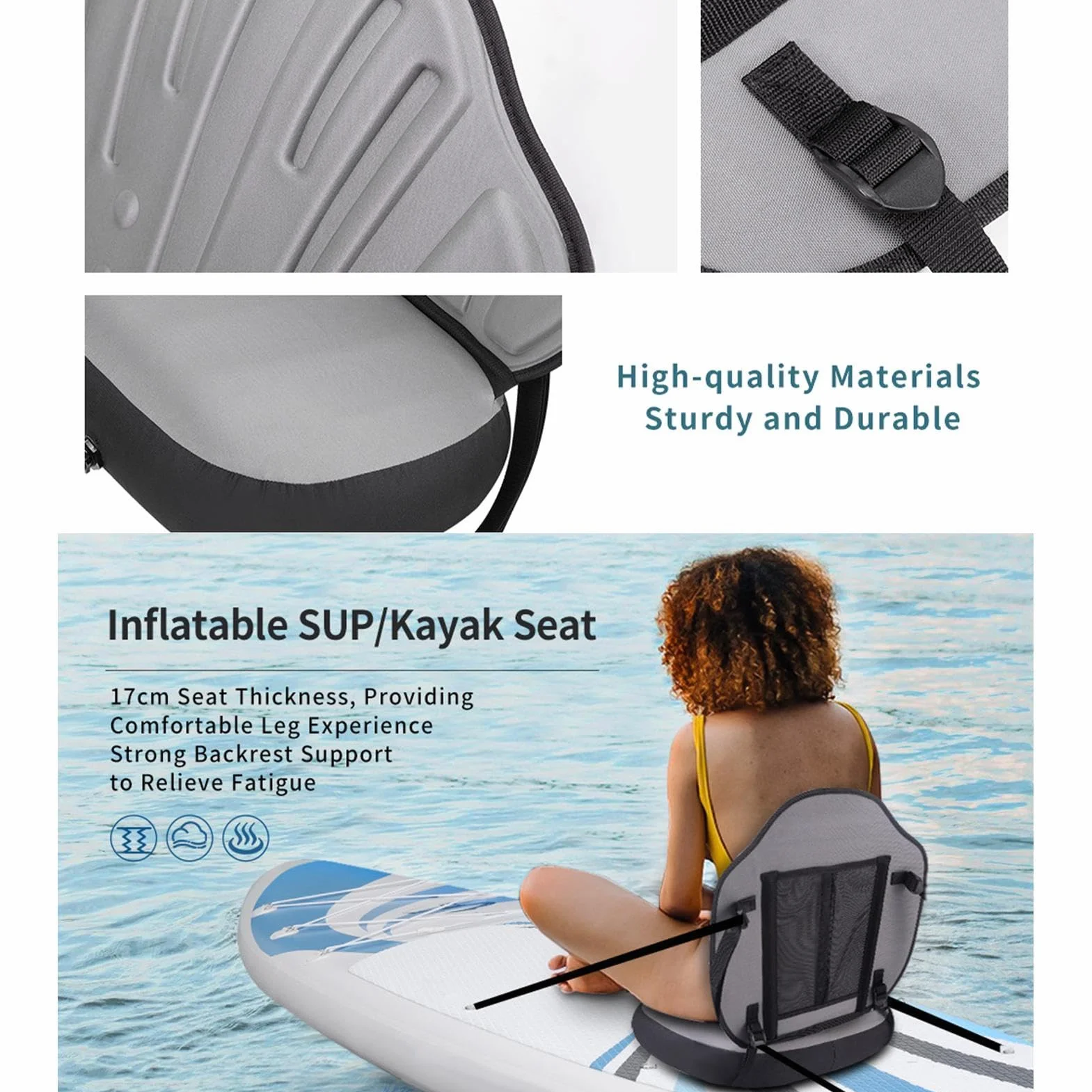 Cojín de asiento inflable para kayak impermeable con respaldo, tela Oxford